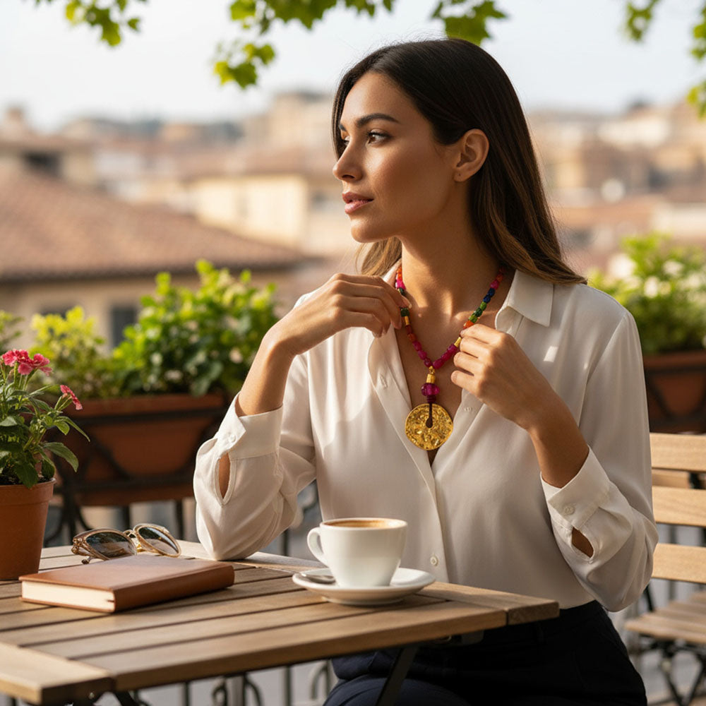 Collar corto con medallón dorado y piedas naturales de Maldita Rita Joyería. Con modelo tomándose un café