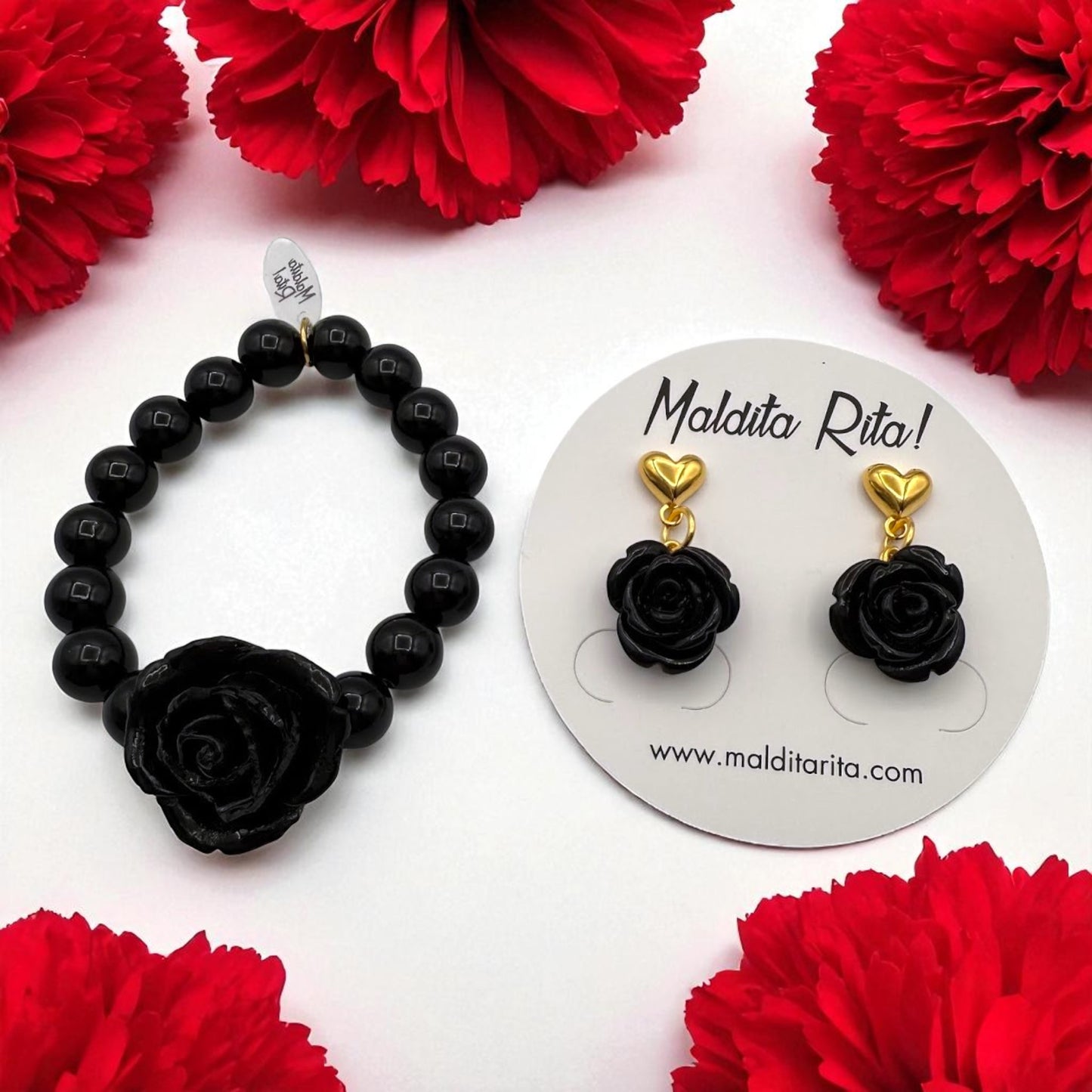 Pendiente Lola negro y Pulsera elástica Lola, conjunto de Maldita Rita