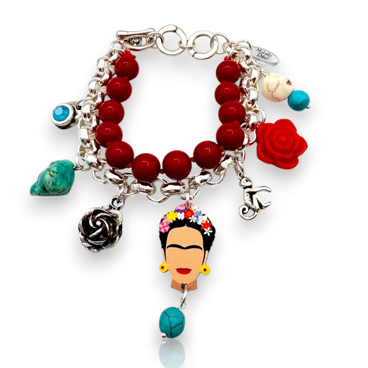 Pulsera Kahlo en rojo y plata de Maldita Rita bisutería, cerrada