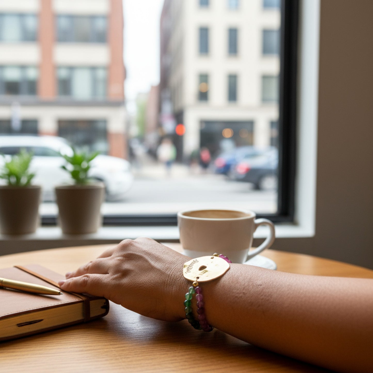 Pulsera elástica con piedras naturales y pieza dorada con logo de Maldita Rita joyería, vista en la muñeca en una cafetería