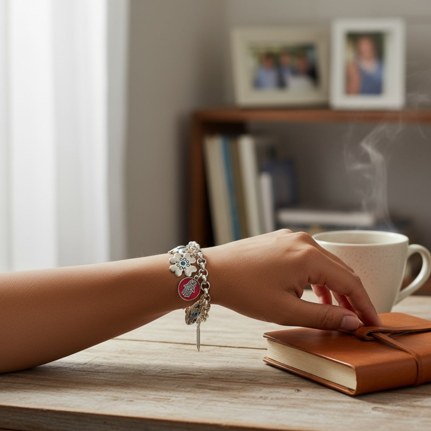 Pulsera Suertecita de Maldita Rita – pulsera de cadena con amuletos de la suerte hecha a mano en Almería, España. En modelo brazo