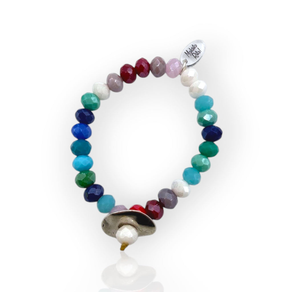 Pulseras elásticas de cristal en tonos azules y rojos de Maldita Rita, detalle