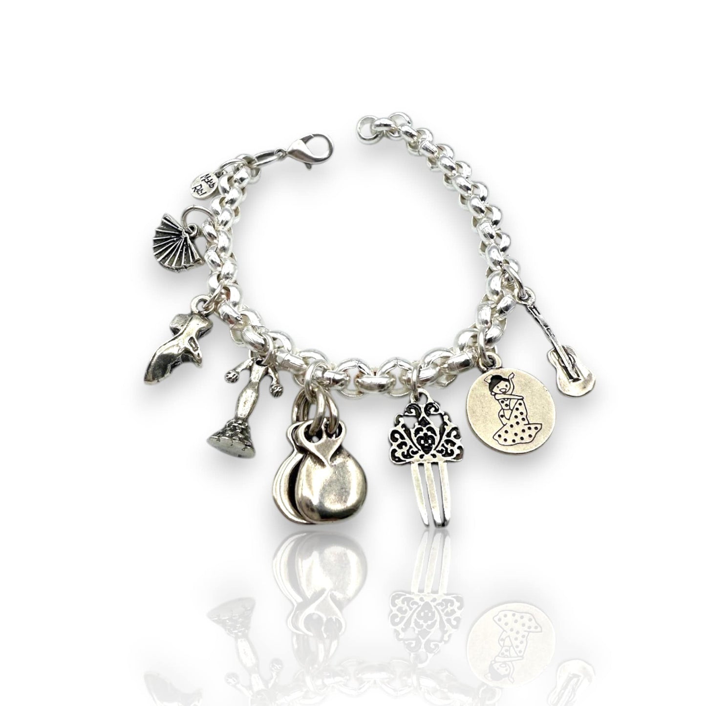 Pulsera de flamenco, con abanico, bailaora, castañuela, tipico del flamenco español, joyería de Almería