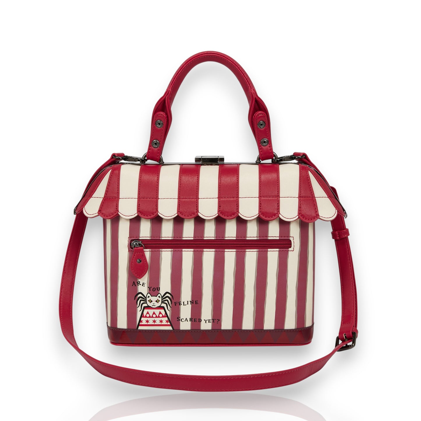 Bolso de mano Skelecat´s Travelling Ghost Circus de Vendula London, venta en Maldita Rita. Por detrás.