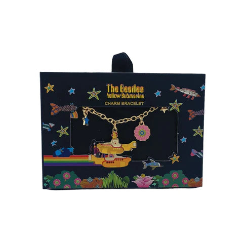 Pulsera dorada con charms del Submarino amarillo, tema de los Beatles, emvoltura paquete