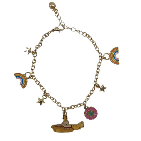 Pulsera dorada con charms del Submarino amarillo, tema de los Beatles, detalle de los charms