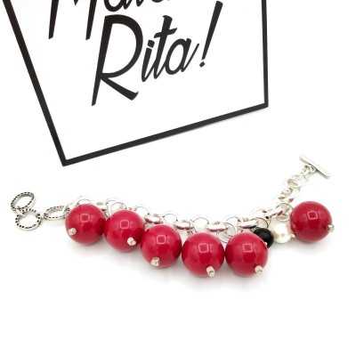 Pulsera Olivia de Maldita Rita, cadena plata con grandes bolas rojas, extendida