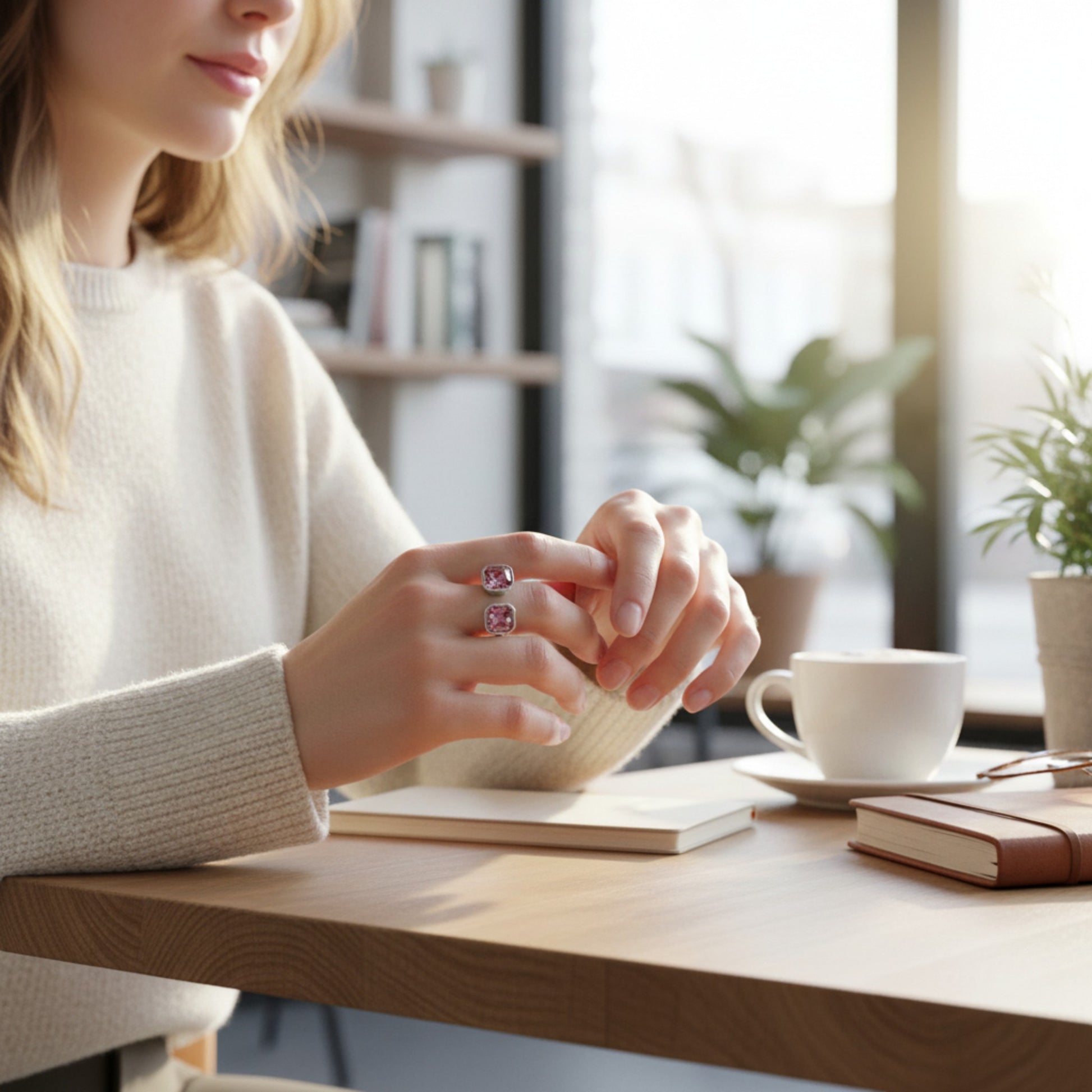 Anillo Tesoro  rosa de Maldita Rita en zamak con baño de plata y doble cristal de Swarovski, con modelo de mano