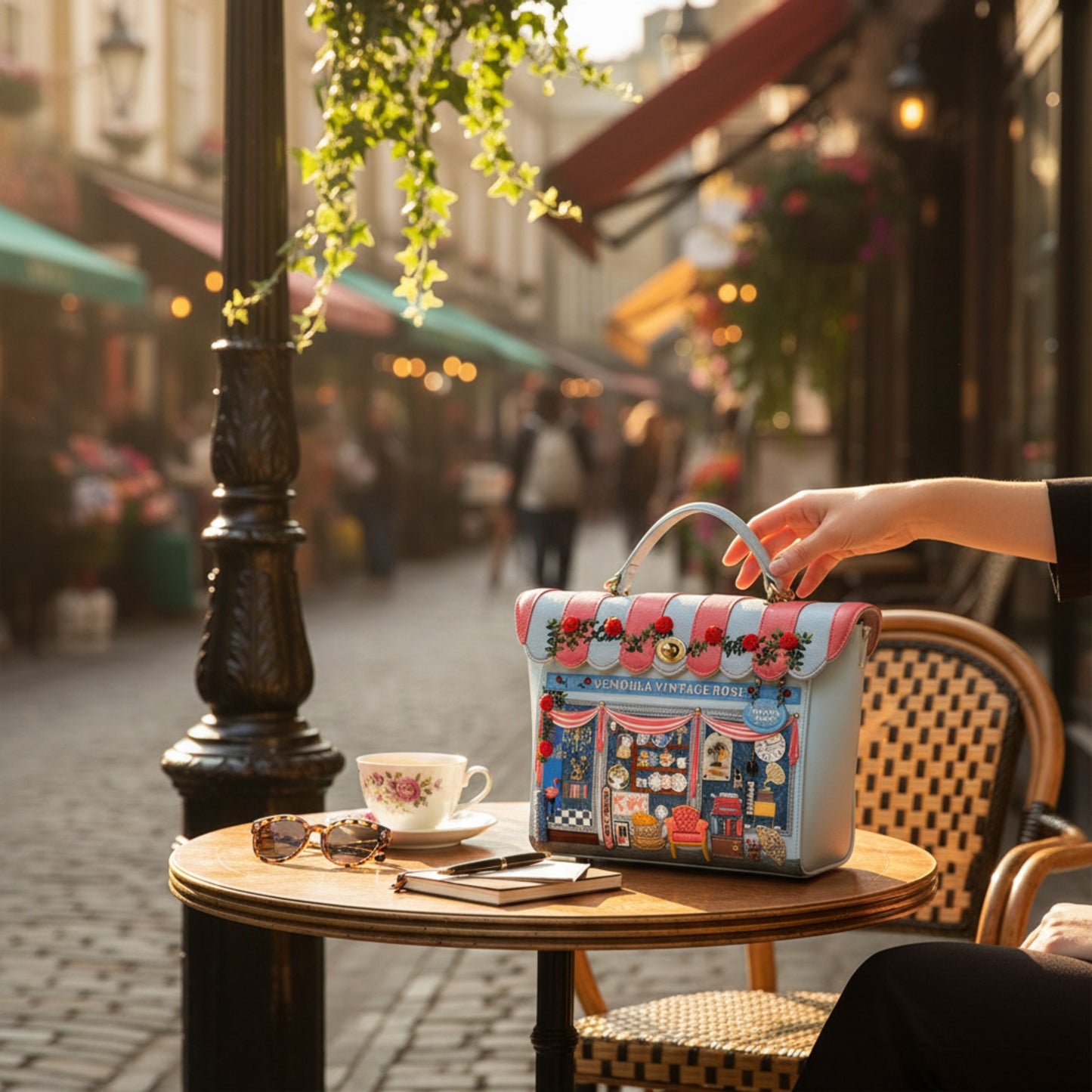 Bolso mochila Vendula Vintage Rose de Vendula London, venta en Maldita Rita. En una cafetería.