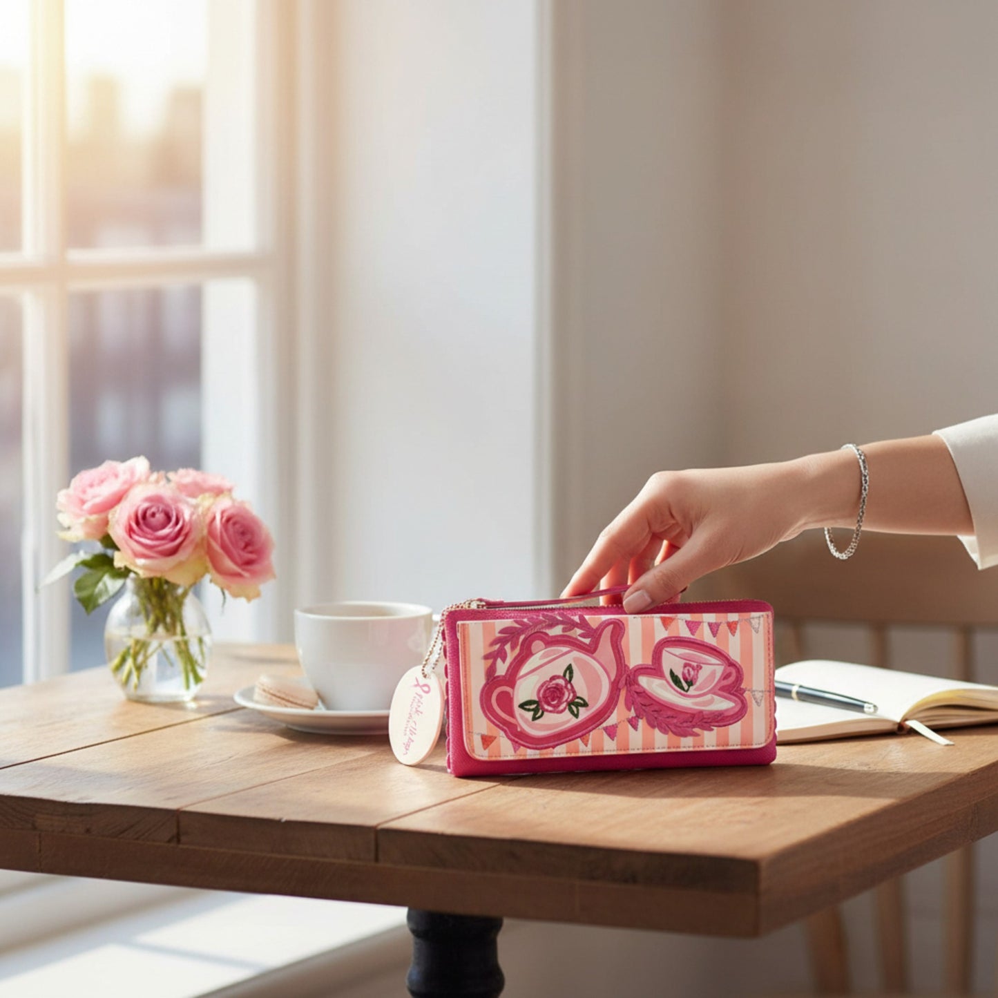 Billetera Bellamy Pink Afternoon Tea Bus de Vendula London y venta en Maldita Rita, en salón de té.