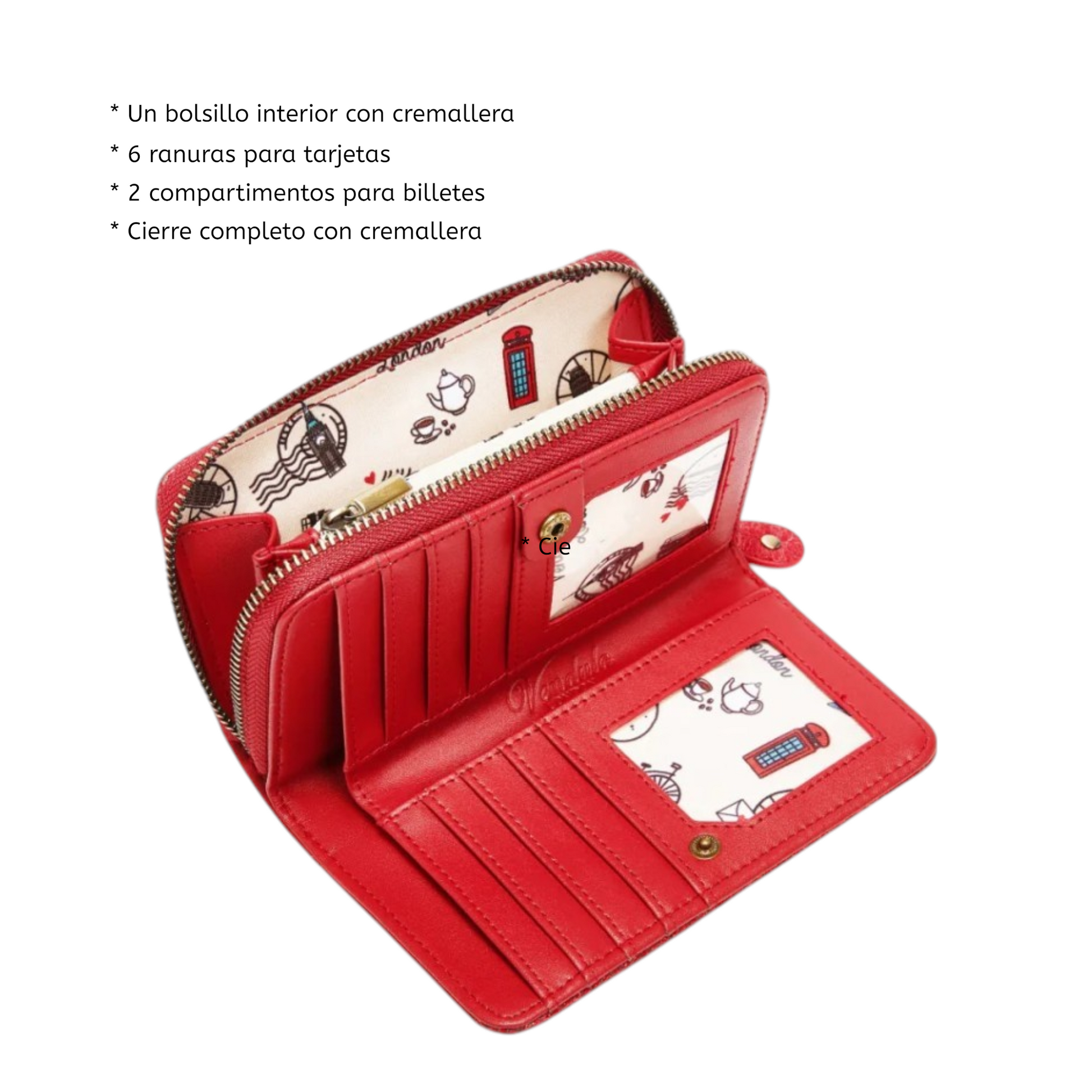 The Chocolate Box, monedero mediano con cremallera, tienda de bombones en rojo, venta en Maldita Rita. Interior