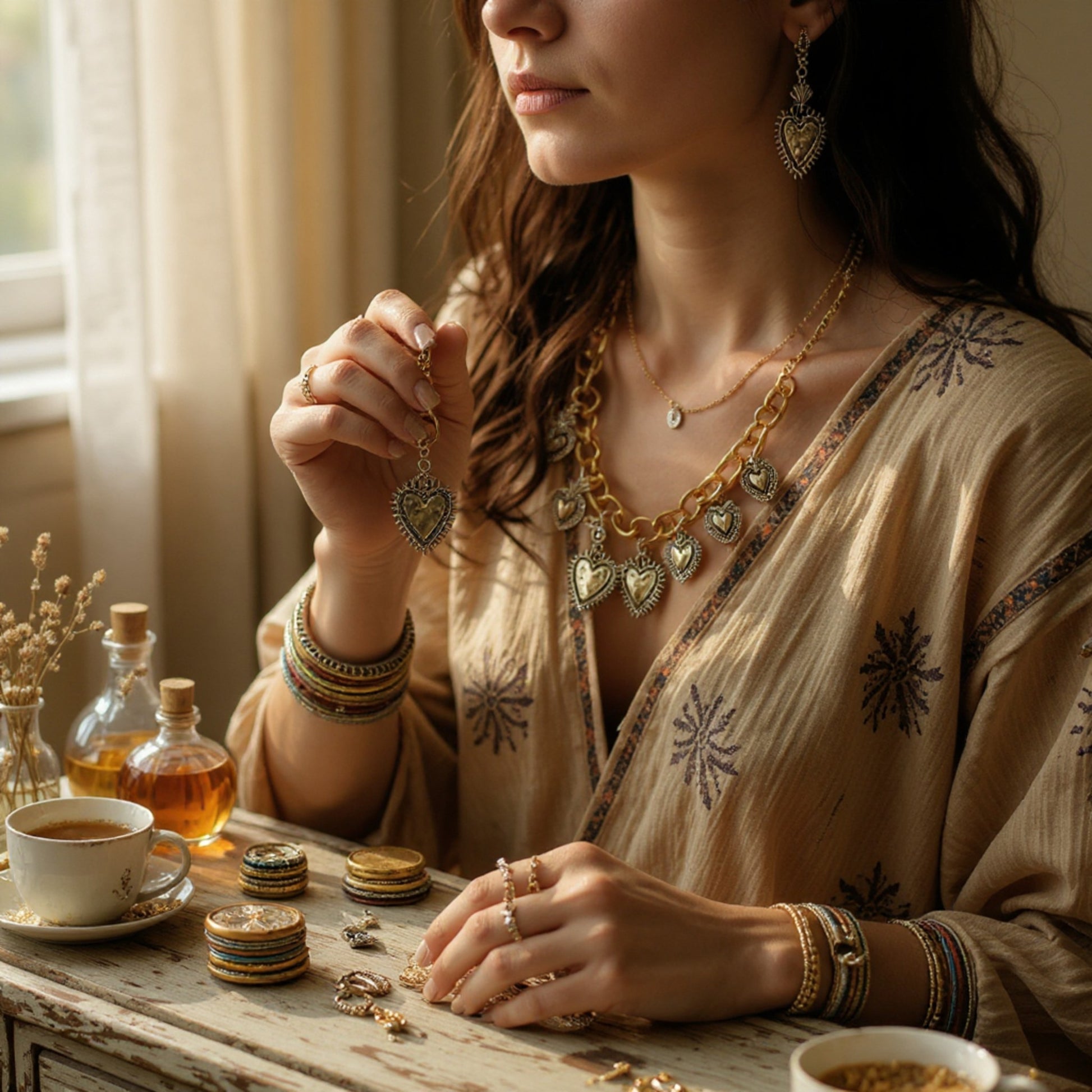 Collar Milagrito oro de Maldita Rita Joyería, con modelo y los pendientes