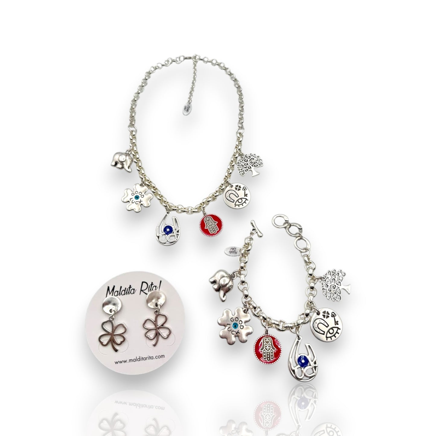 Colección Suertecita de Maldita Rita – collar, pulsera y pendientes,con amuletos de la suerte hechos a mano en Almería, España.