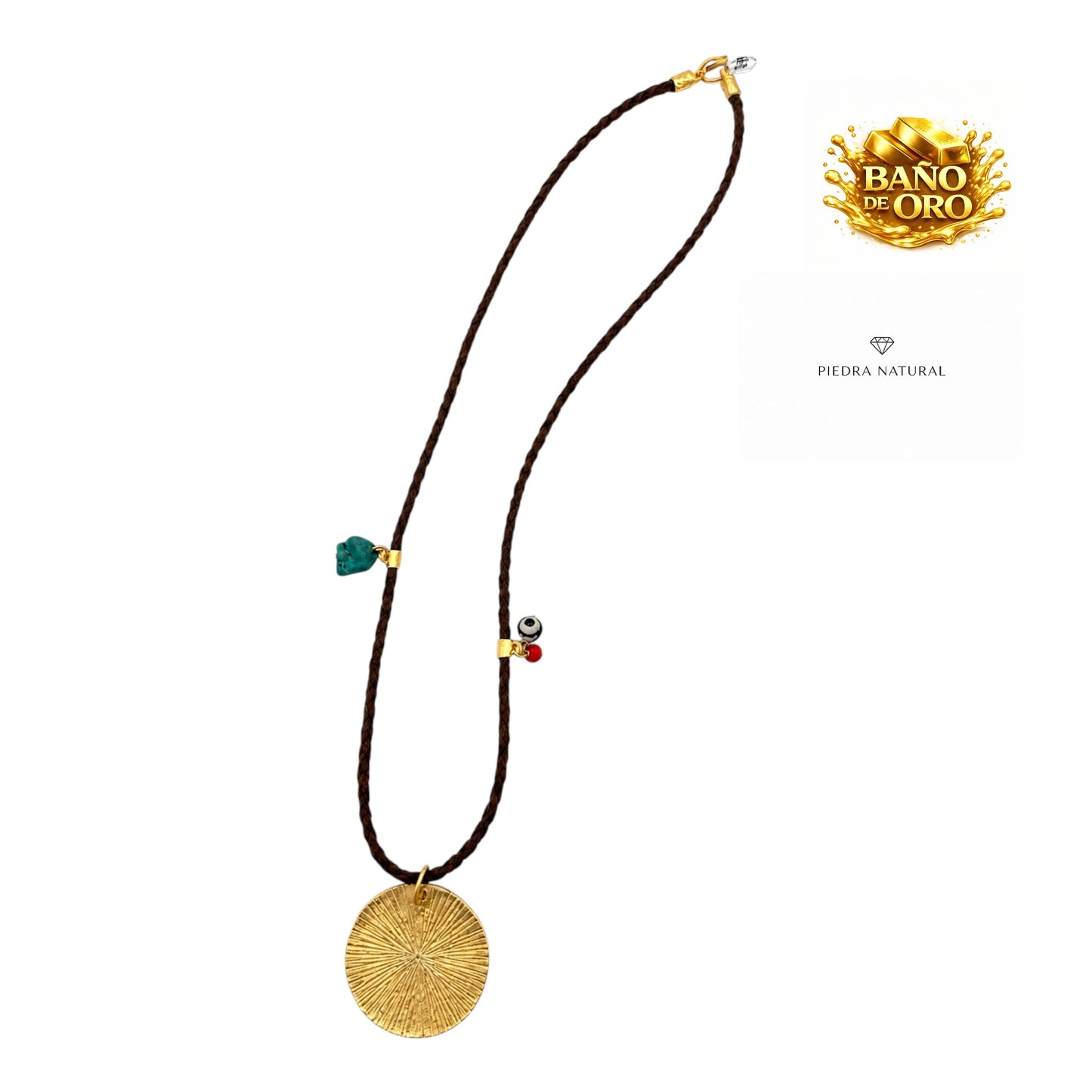 Colgante marrón con medallón dorado mate y piedras naturales, turquesa, rojo y blanco-negro. Diseño de Maldita Rita Joyería Almería. Vista desde arriba.