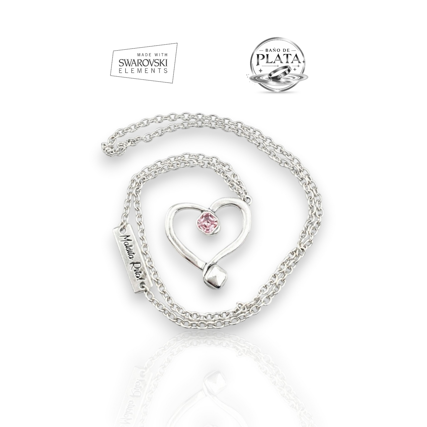 Colgante corazón rosa de cristal de Swarovski y plata con cadena. De la marca Maldita Rita, con logos de calidad.