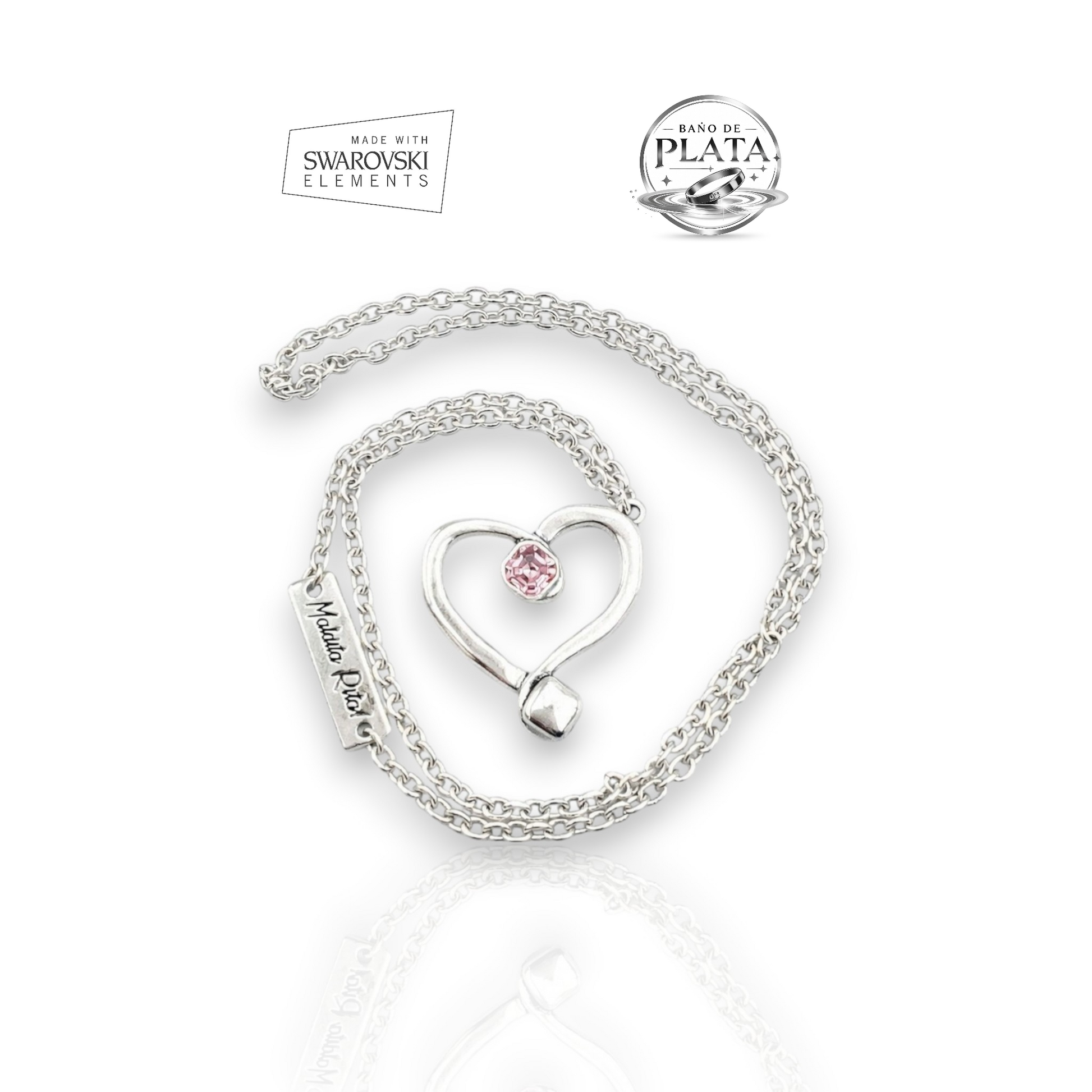 Colgante corazón rosa de cristal de Swarovski y plata con cadena. De la marca Maldita Rita, con logos de calidad.