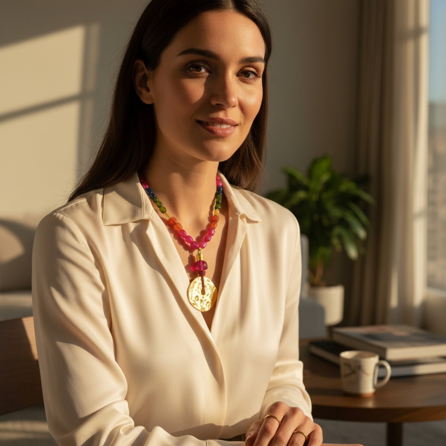 Collar corto con medallón dorado y piedas naturales de Maldita Rita Joyería.  Modelo con el collar