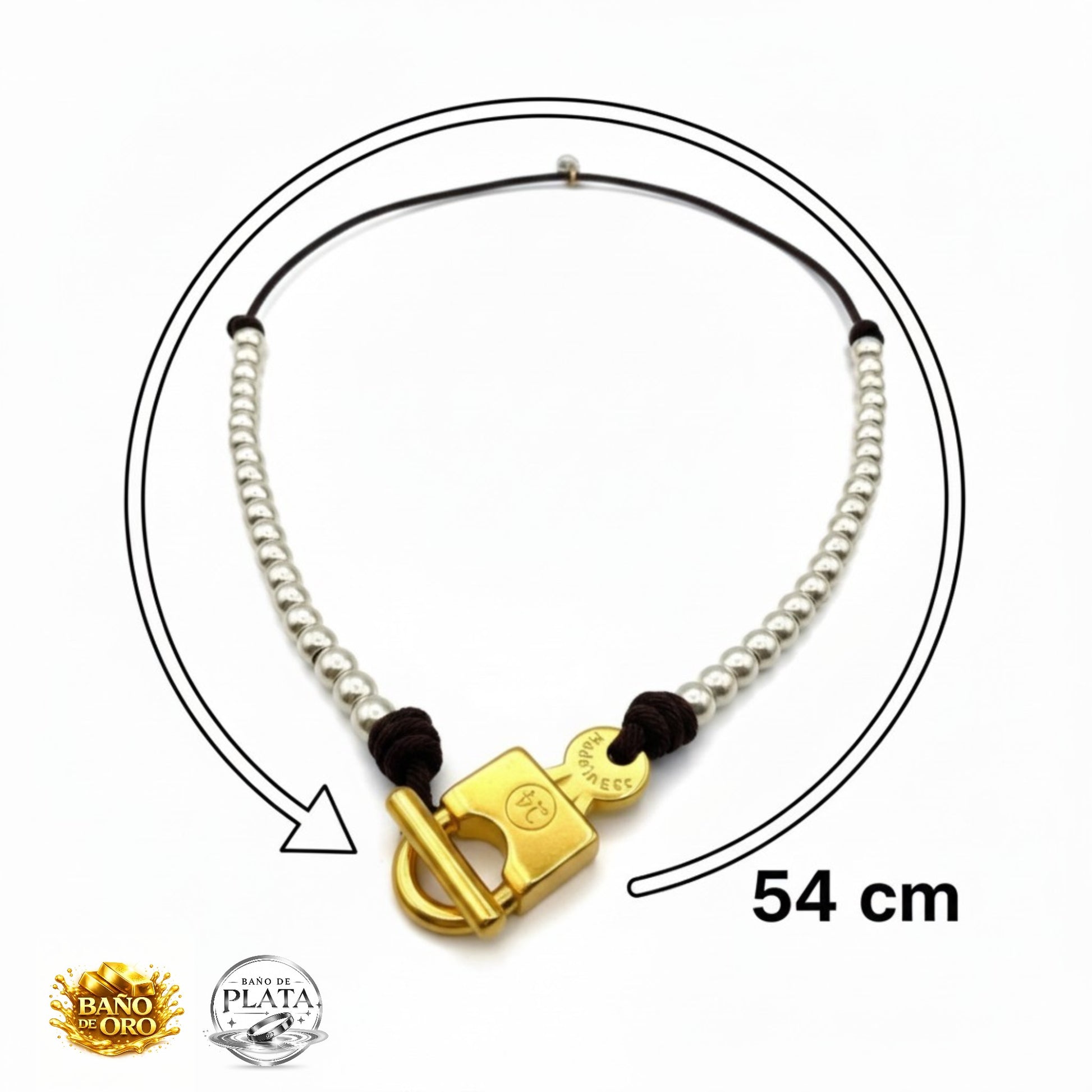 Collar Candado Mix en plata y oro con cordón marrón chocolate. De la marca Maldita Rita. Con la medida y logos de material.