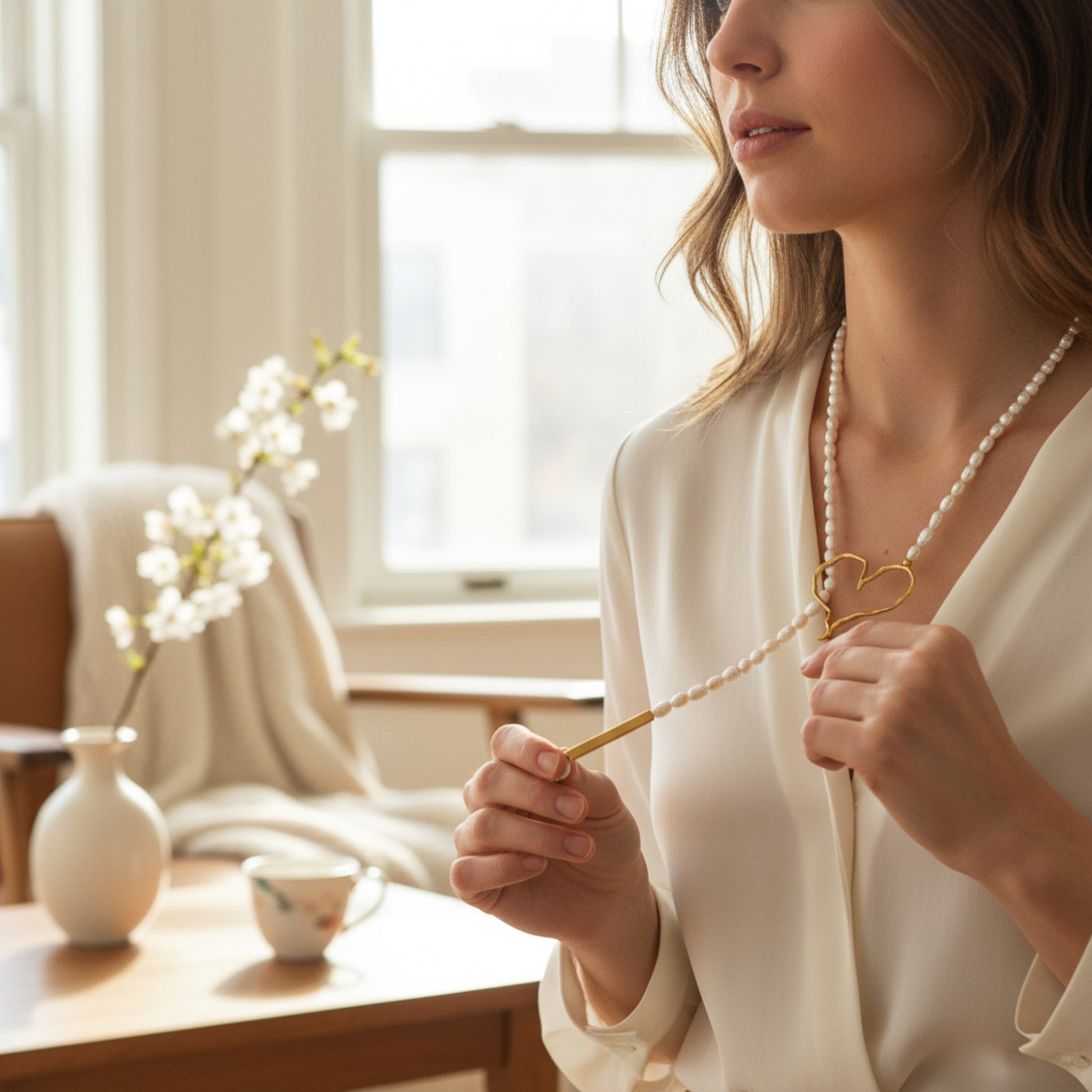 Collar Cuore en perla blanca de Maldita Rita, collar perlas de mujer, visto en modelo primera