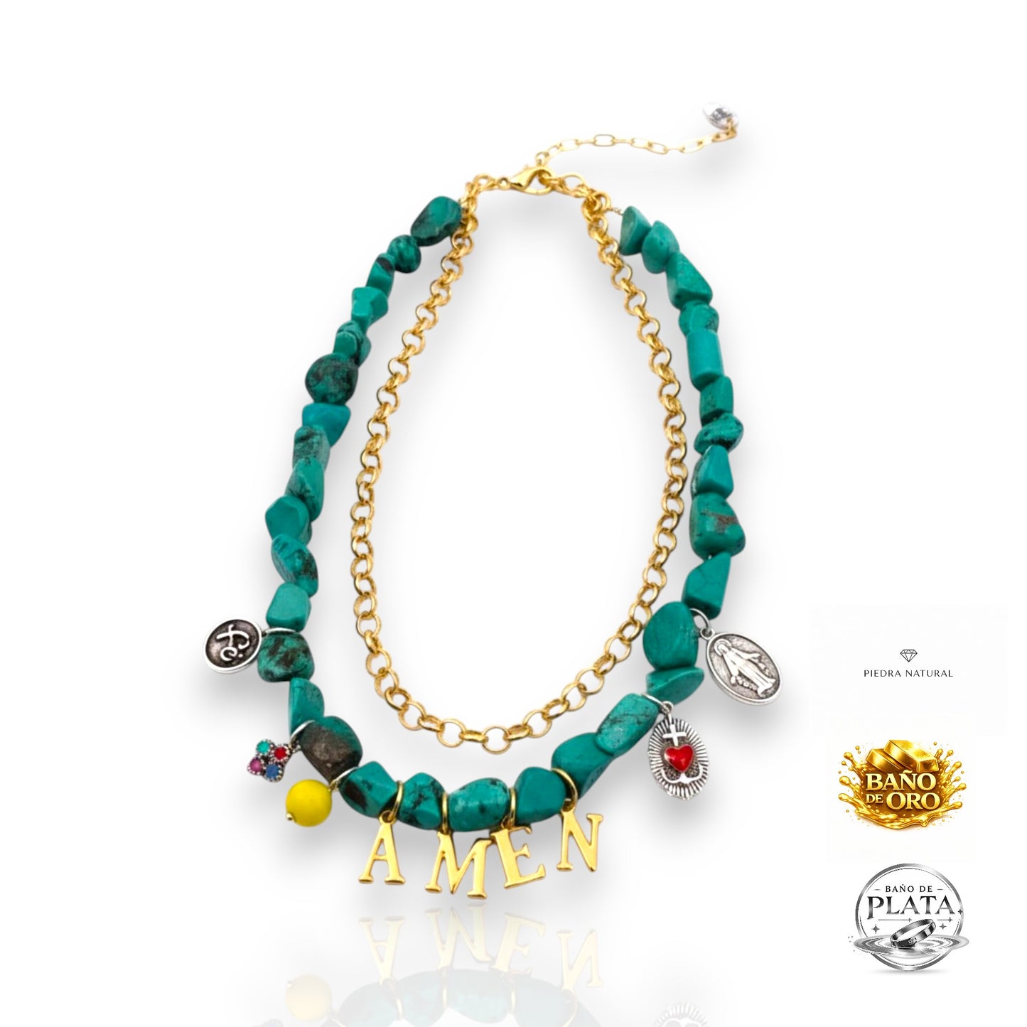 Collar Festivibe Amen, en turquesas, dorado y plata con colgantes, de la marca Maldita Rita. Estilo boho hippie festival. Logos de calidad.
