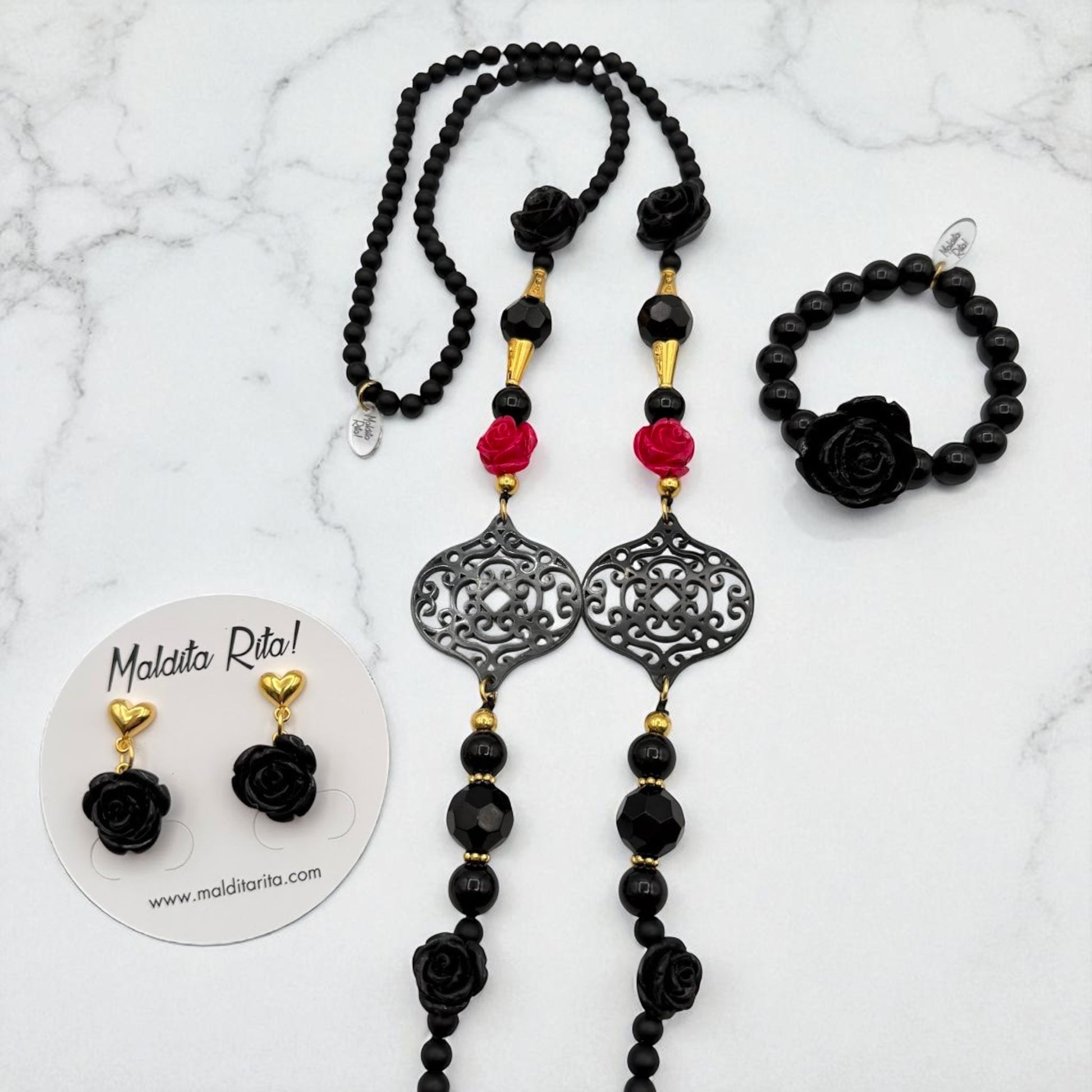 Colección Lola en dorado de Maldita Rita, Lola Flores, rosas negras y rojas, de Maldita Rita, pulsera, collar y pendientes