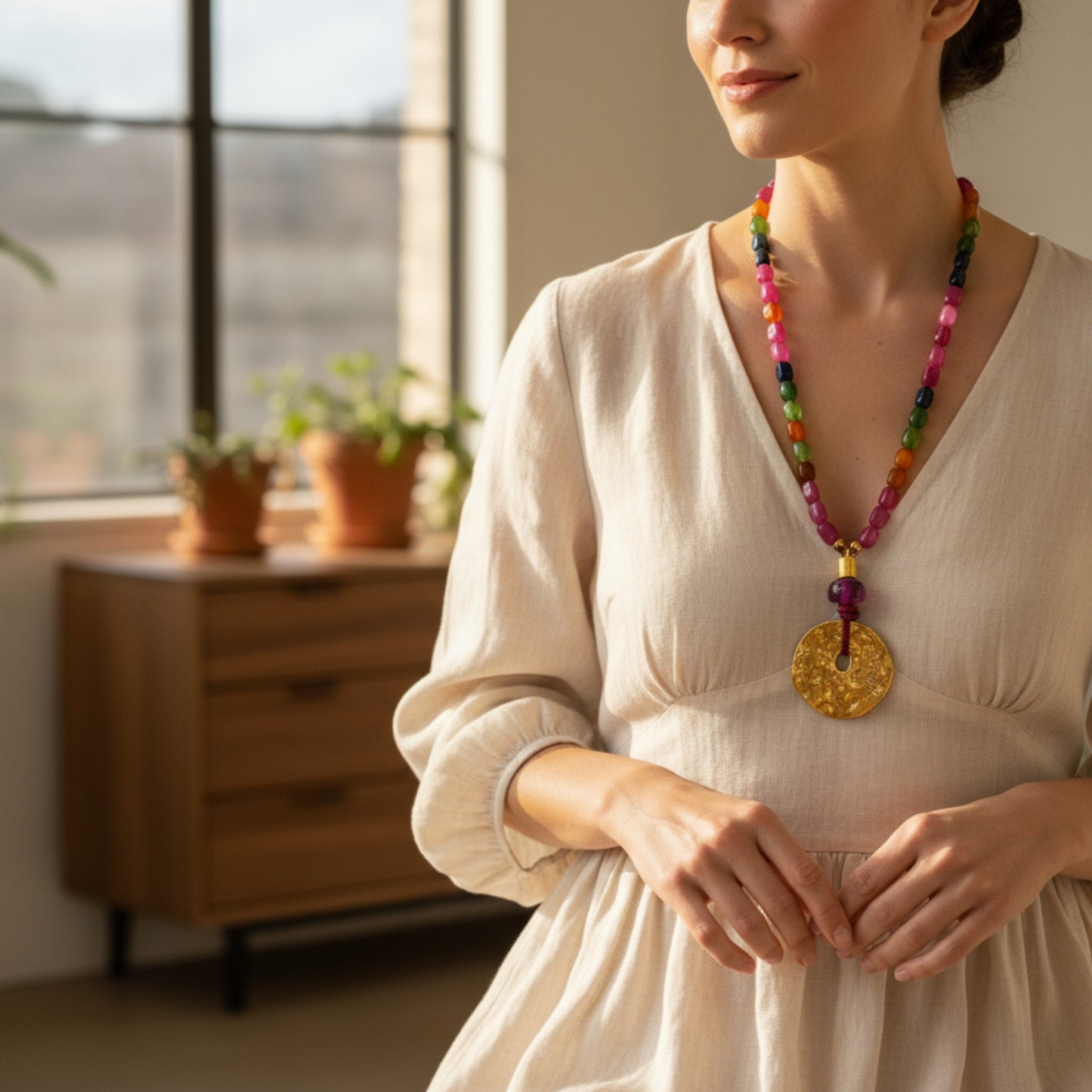 Collar de mujer de piedras naturales, turmalinas, con componentes en dorado, de la marca Maldita Rita.  Collar puesto en modelo de blanco