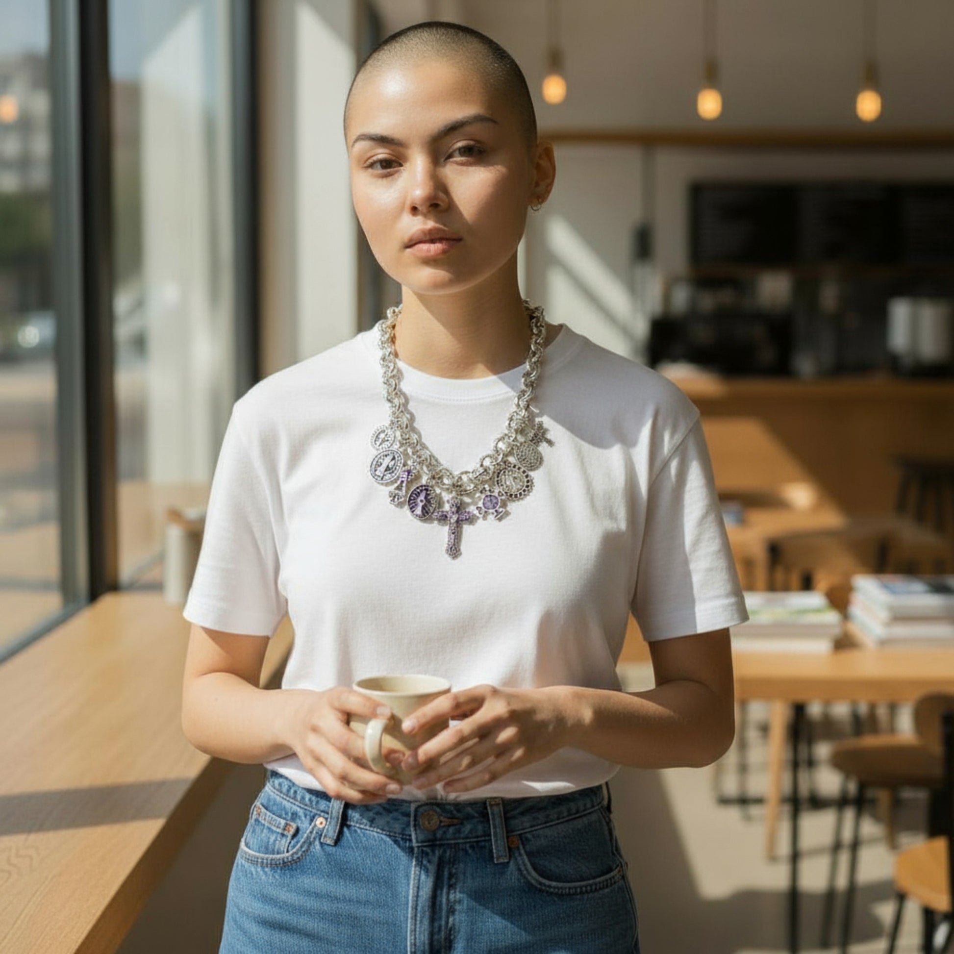 Collar Madonna, cadena con colgantes de vírgenes, santos y cruces, de la marca Maldita Rita. En una modelo.