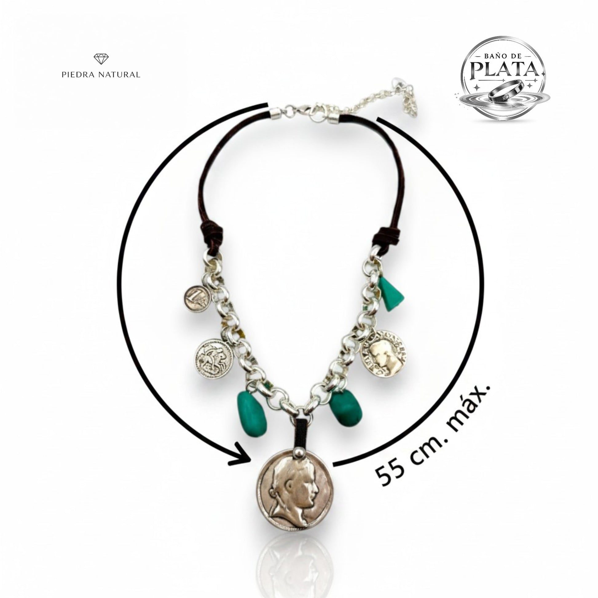 Collar de plata, cuero y turquesas con colgantes de monedas. Diseño de Maldita Rita. Medidas 