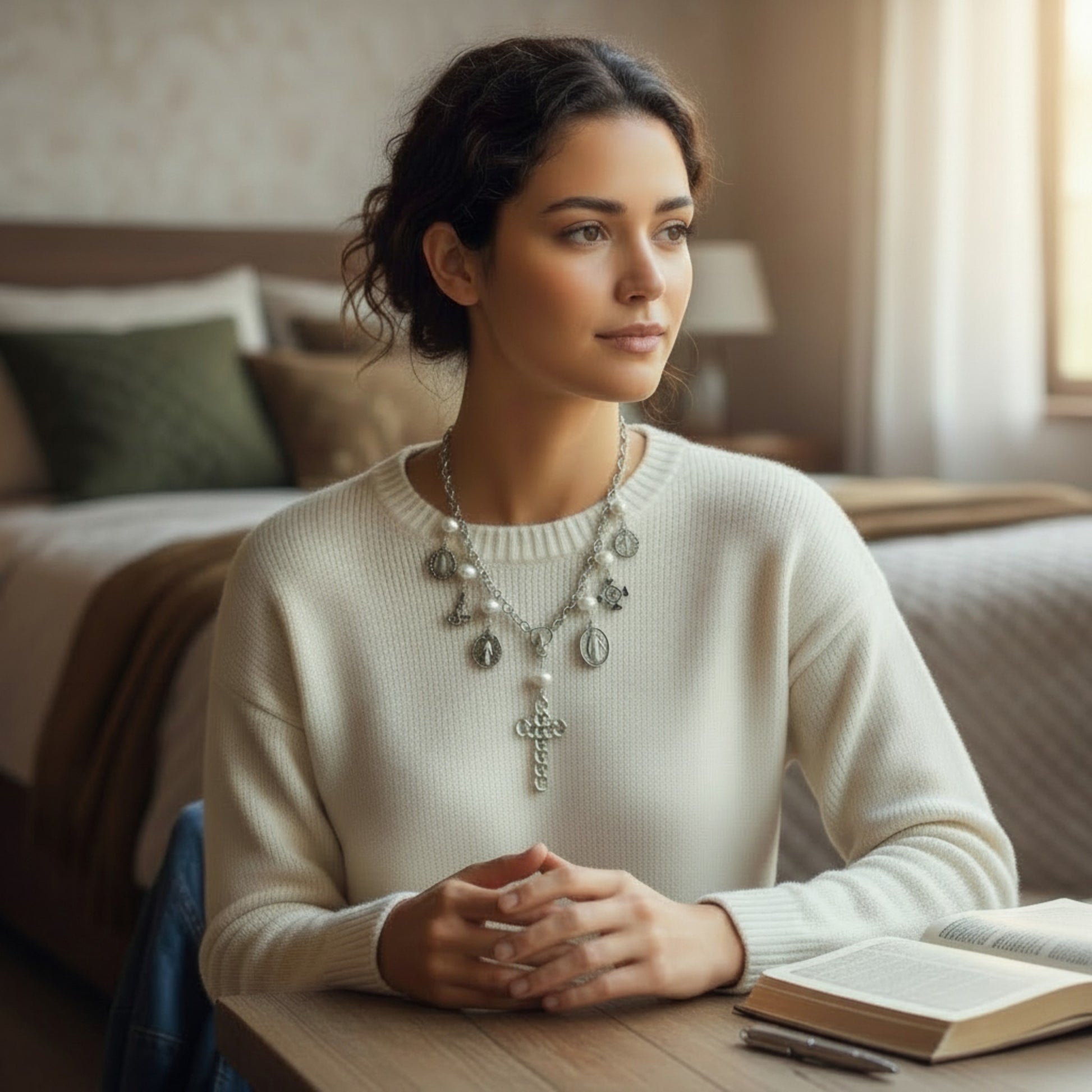 Collar San Benito de Maldita Rita joyería, medallitas con perlas naturales, visto en modelo sentadaen su habitación.