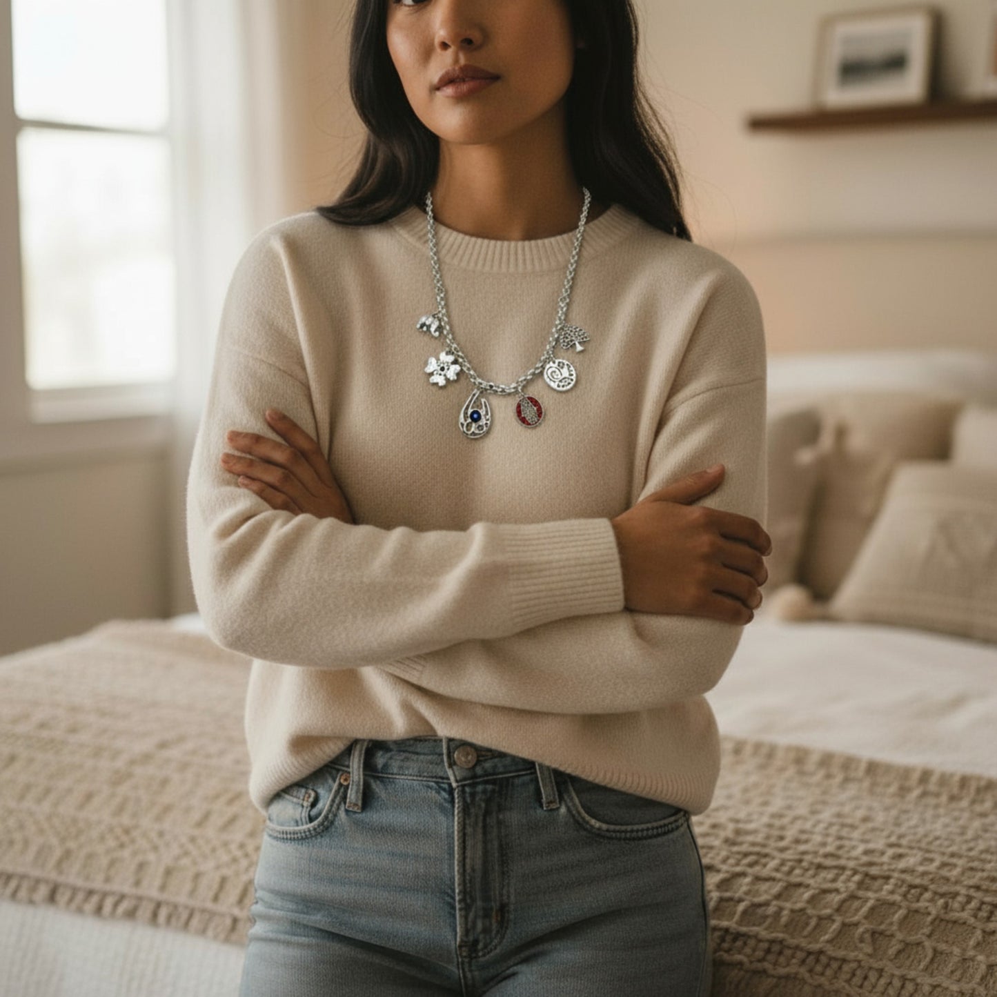 Collar Suertecita de Maldita Rita – collar con amuletos de la suerte hecho a mano en Almería, España. Modelo con el collar