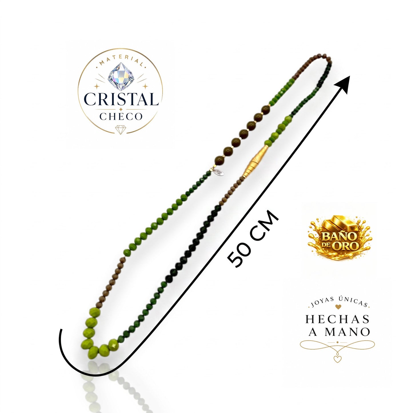 Collar en diferentes verdes, cristal checo y piezas con baño de oro. Diseño de Maldita Rita. Medida y materiales
