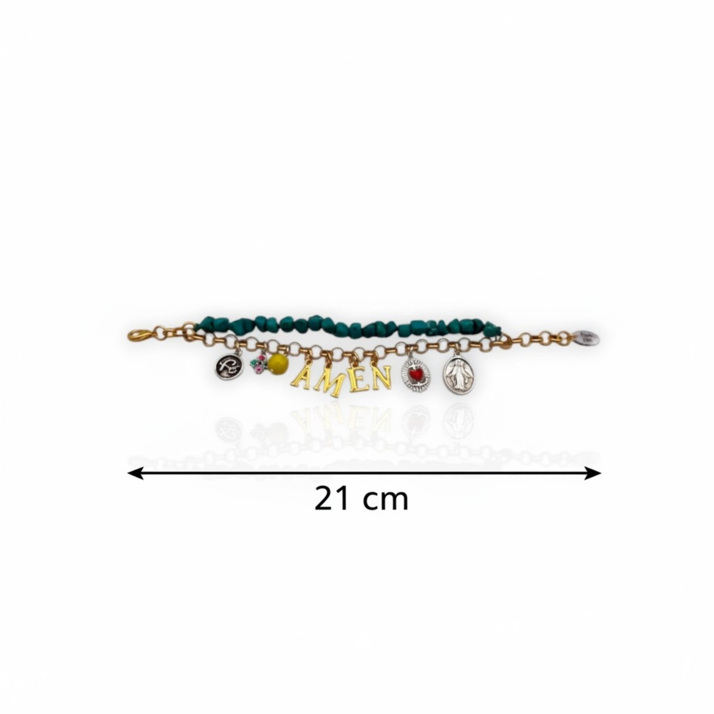 Pulsera Festivibe Amen de Maldita Rita. Cadena dorada y turquesas con charms y letras. Medida.