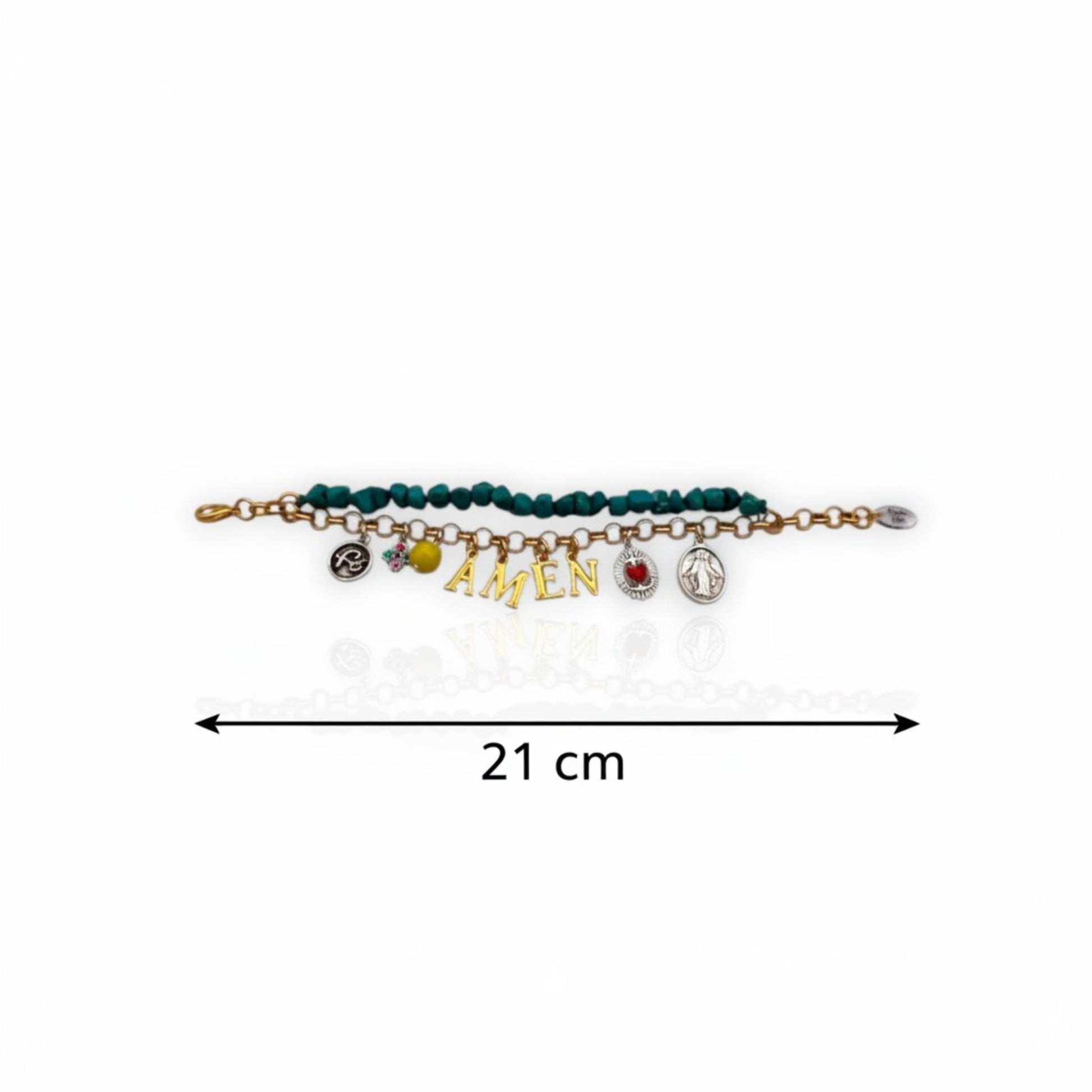 Pulsera Festivibe Amen de Maldita Rita. Cadena dorada y turquesas con charms y letras. Medida.