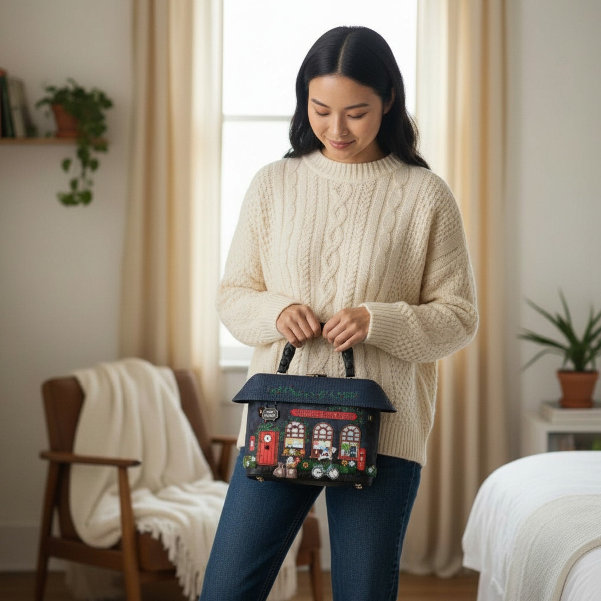 Bolso de mano The old Post Office Navy Edition de Vendula London, venta en Maldita Rita Almería,  con modelo.