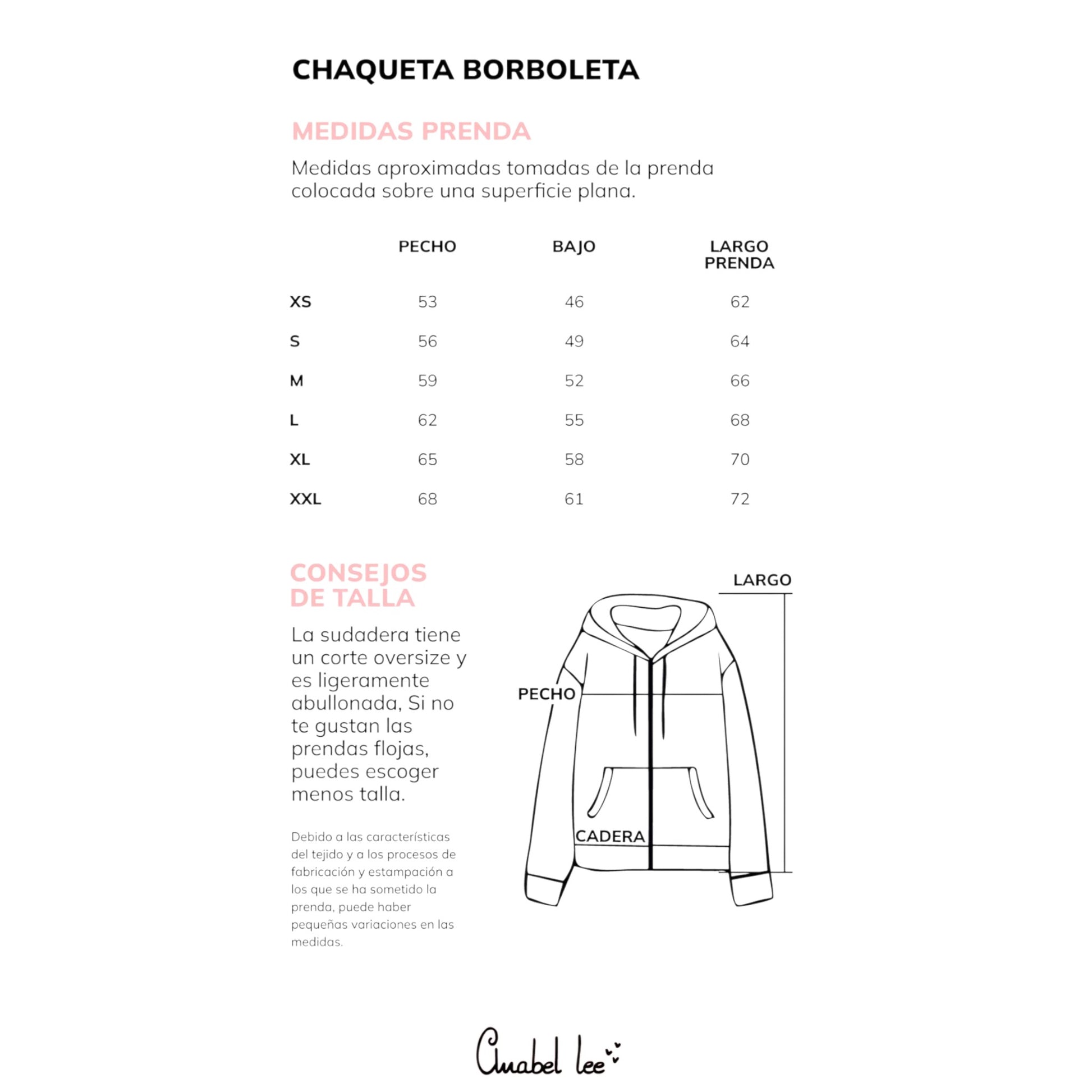 Tabla de medidas de la chaqueta Borboleta de Anabel Lee, venta en Maldita Rita.