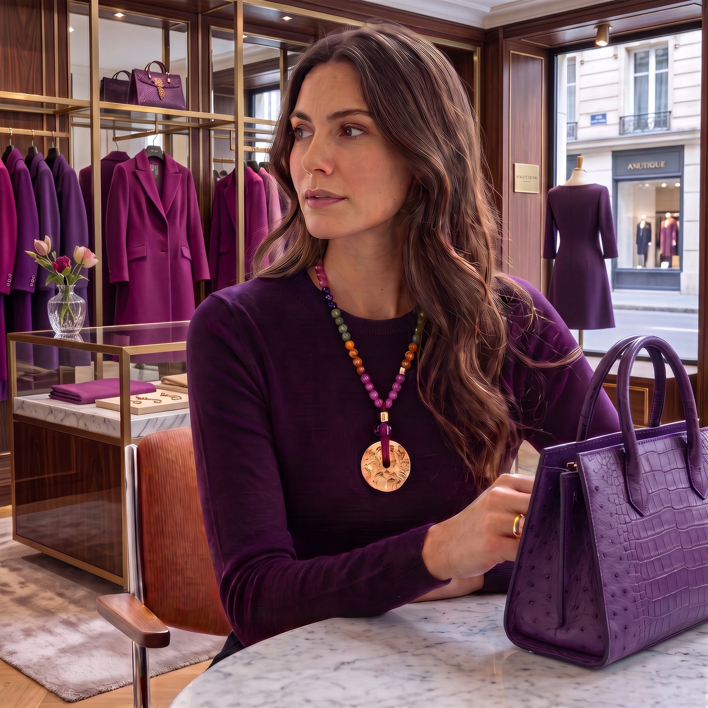 Modelo con collar en tonos de moda otoño invierno 2026 de Maldita Rita Joyería