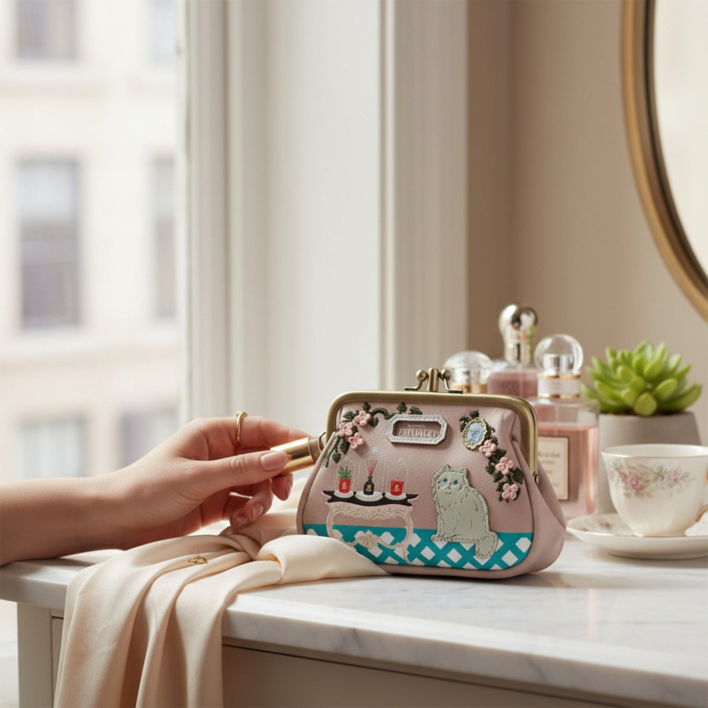 Monedero de gato con boquilla, Vendula Perfumery, blush editión, venta en Maldita Rita, con modelo.