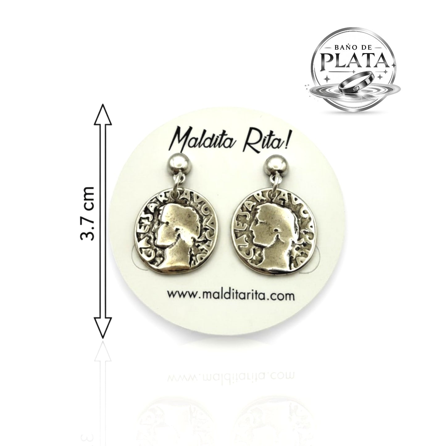 Pendientes Parné con medida y logo del material. Maldita Rita.