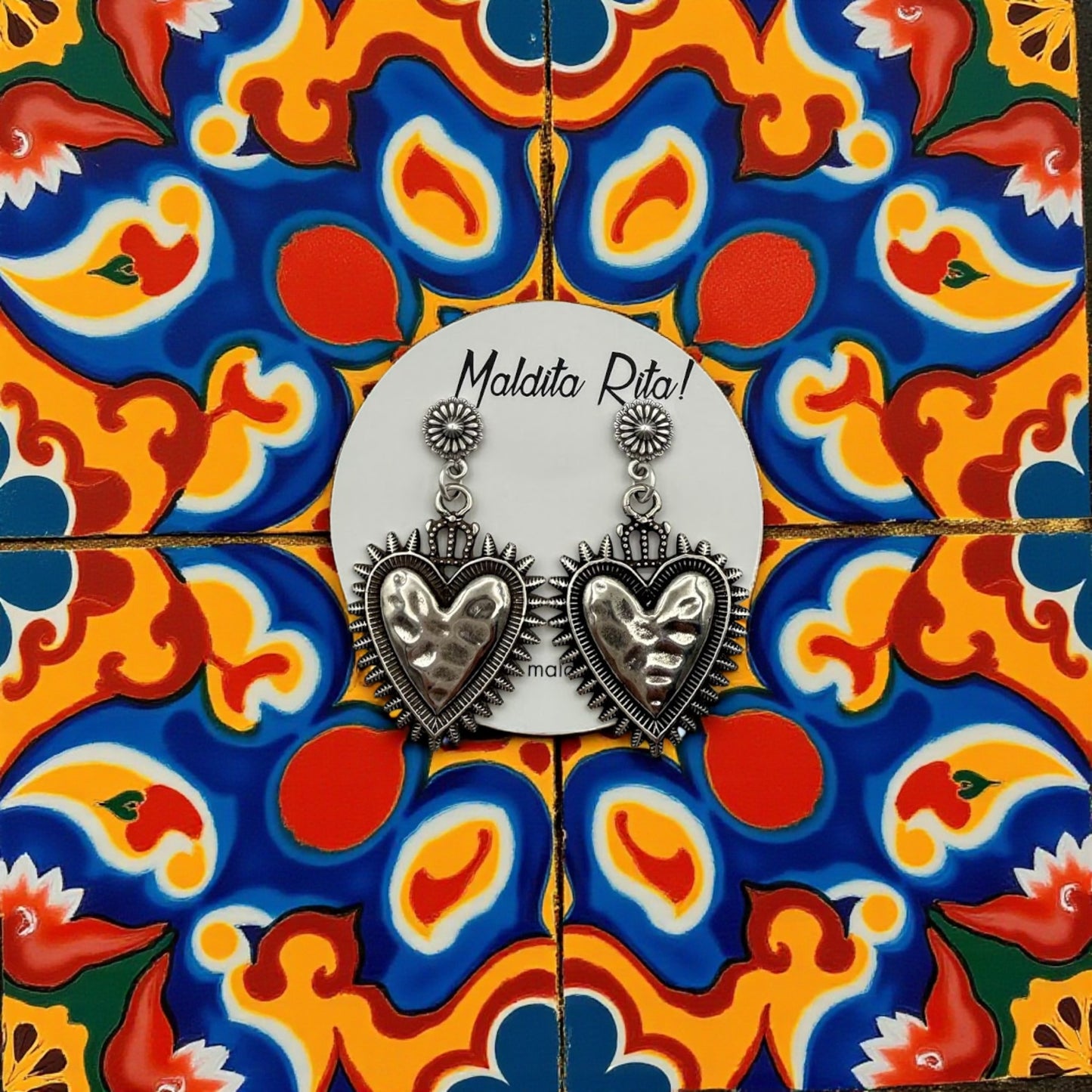 Pendientes Milagrito plata de la marca almeriense Maldita Rita, azulejos mexicanos