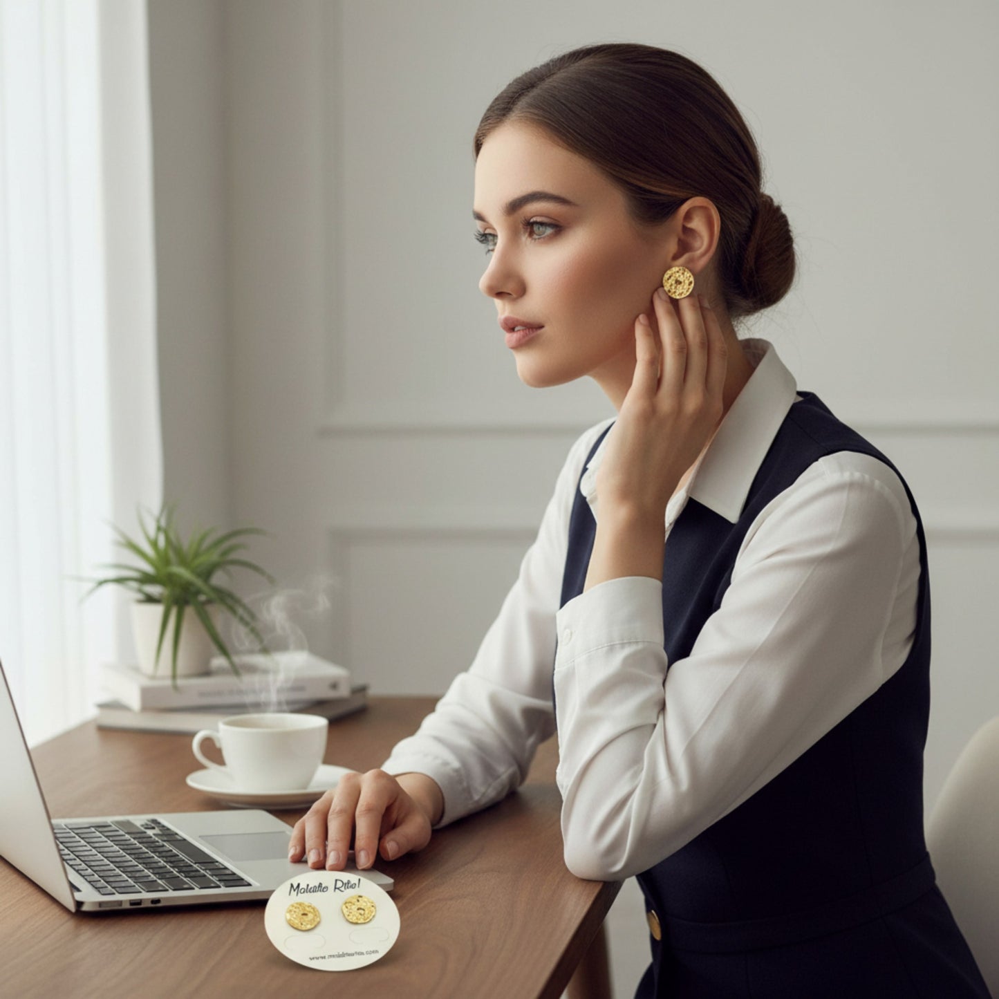 Pendientes Lunática oro de Maldita Rita, redondos irregulares, vistos en una modelo