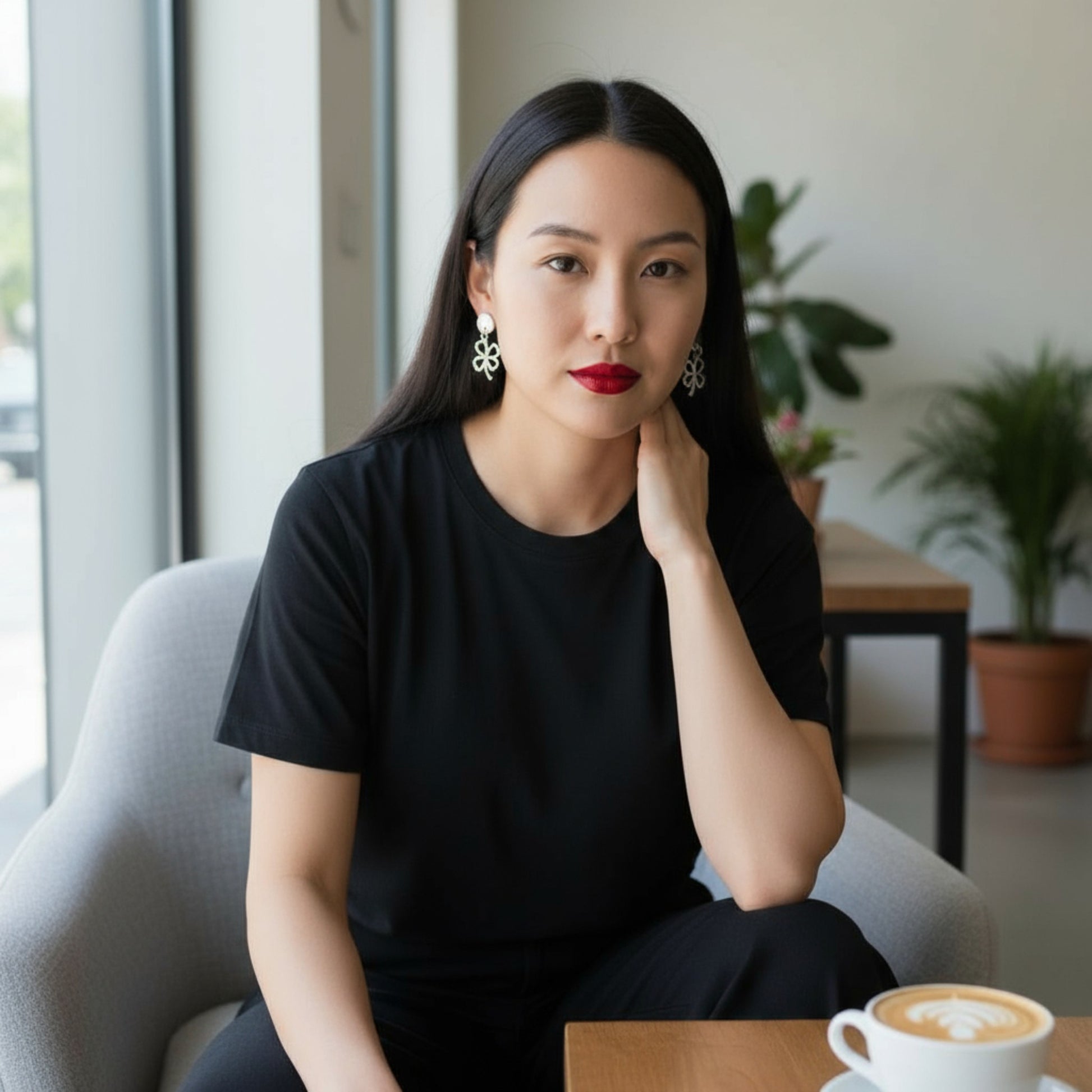 Pendientes Suertecita de Maldita Rita – pendientes trébol de cuatro hojas de plata hechos a mano en Almería, España. Modelo con los tréboles en plata