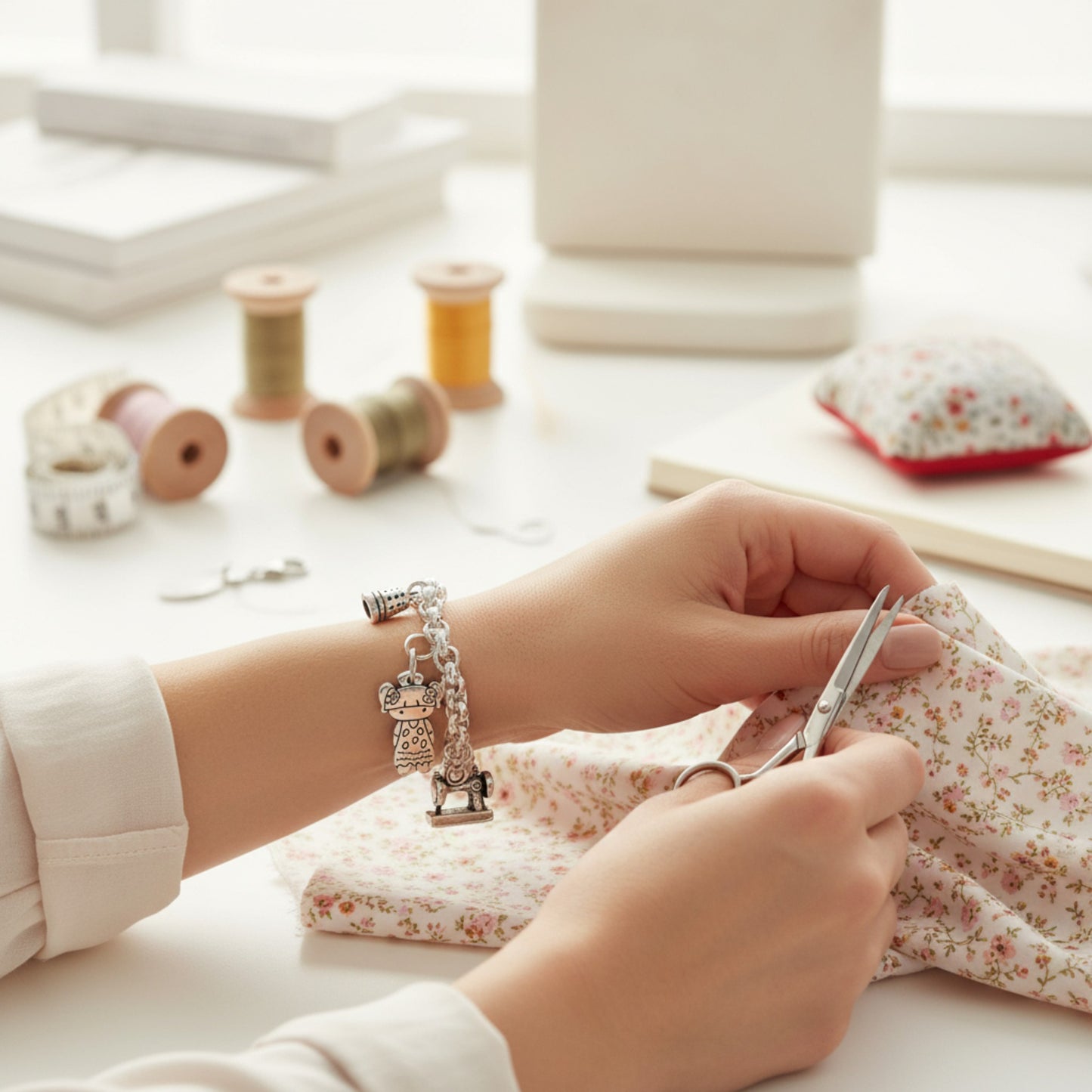 Pulsera Modista, Costurera de Maldita Rita Joyería, modelo cosiendo