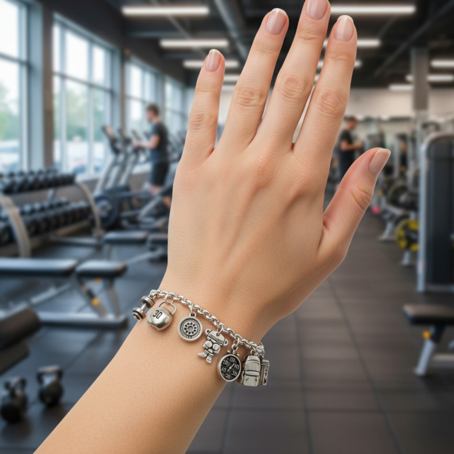 PULSERA GYM, GIMNASIO de Maldita Rita, puesta en una mano.