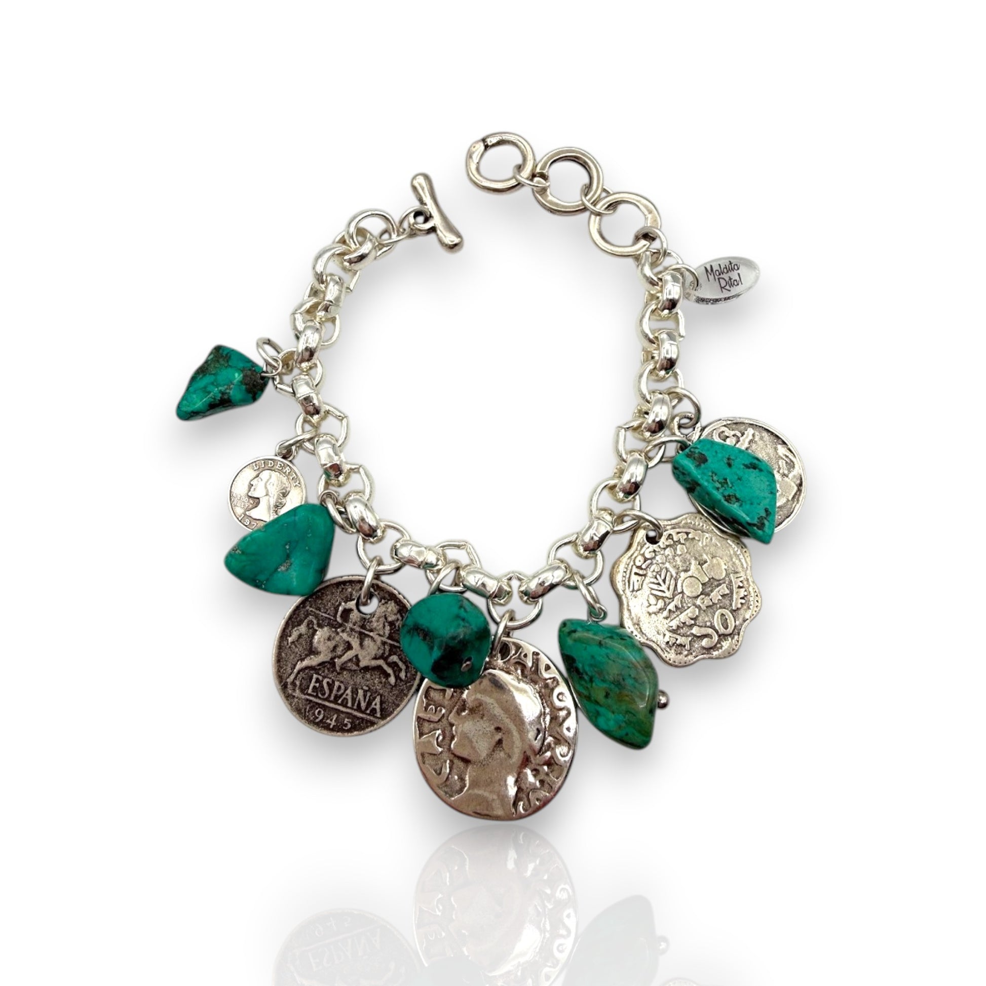 Pulsera de cadena con colgantes de turquesas y monedas plata de la marca Maldita Rita.