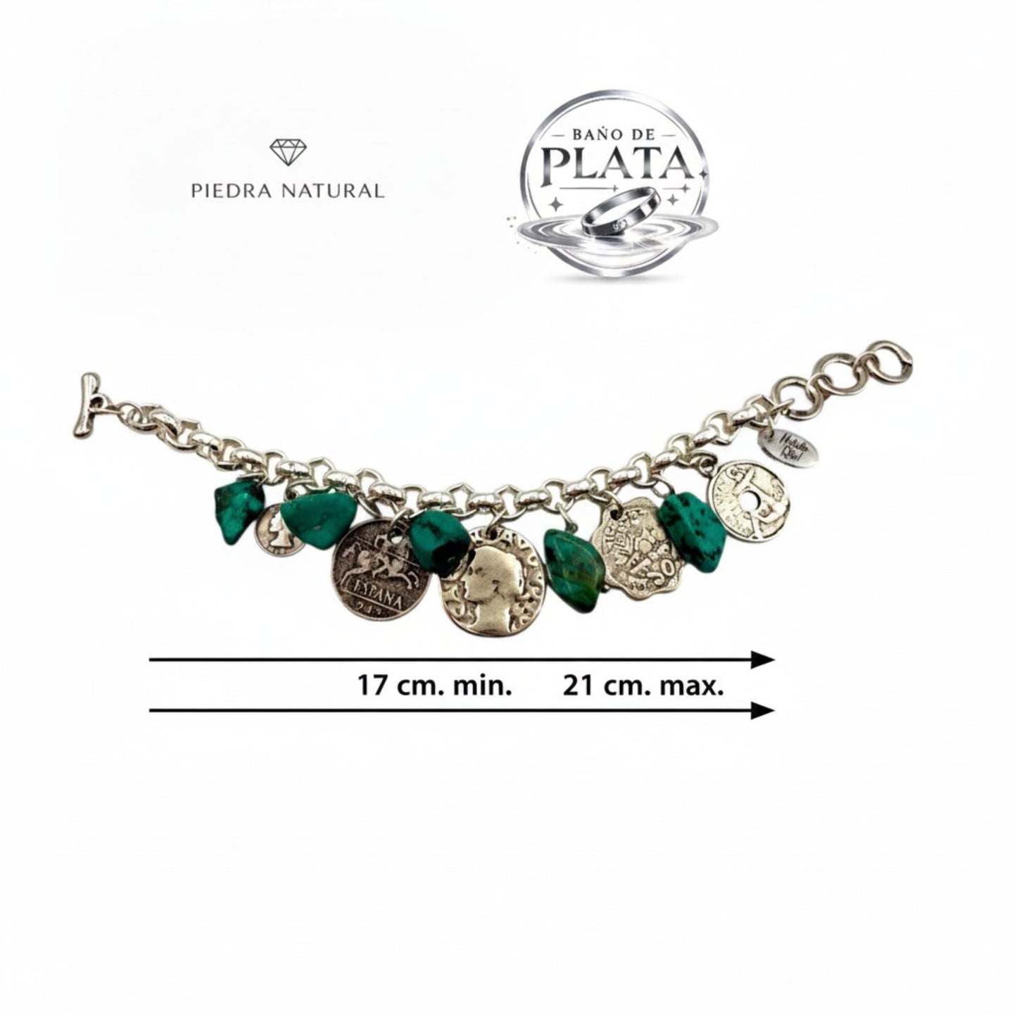 Pulsera de cadena con colgantes de turquesas y monedas plata de la marca Maldita Rita. Medidas y logos
