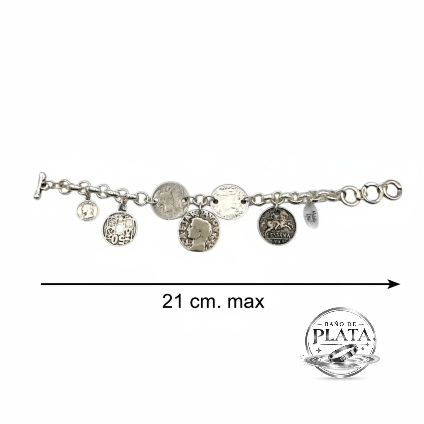Pulsera de monedas plata estilo boho chic de la marca almeriense Maldita Rita. edid máxima y logo de material