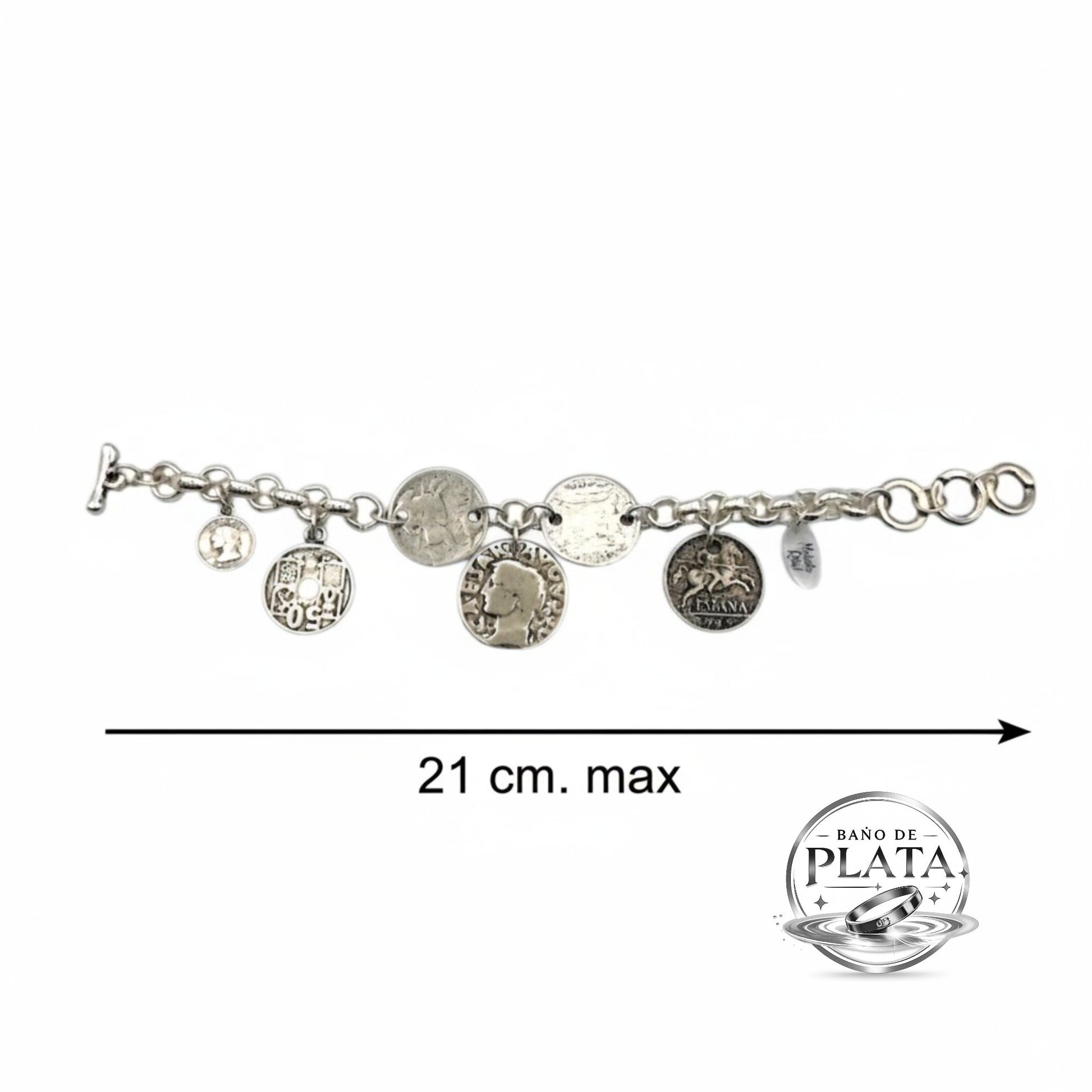 Pulsera de monedas plata estilo boho chic de la marca almeriense Maldita Rita. edid máxima y logo de material
