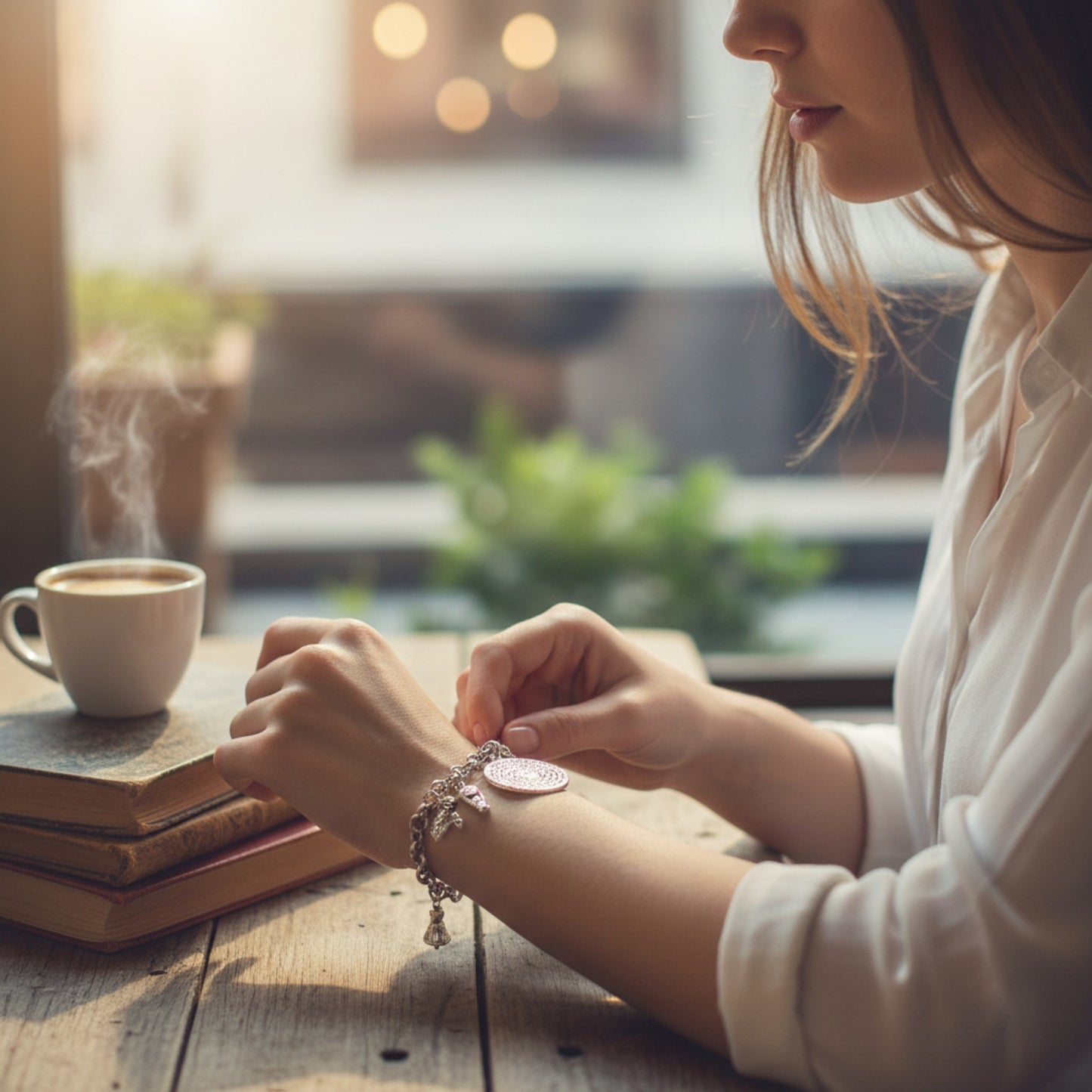 Pulsera con la oración del Padre Nuestro y motivos de Semana Santa Cristiana, de la marca almeriense Maldita Rita, modelo con la pulsera.