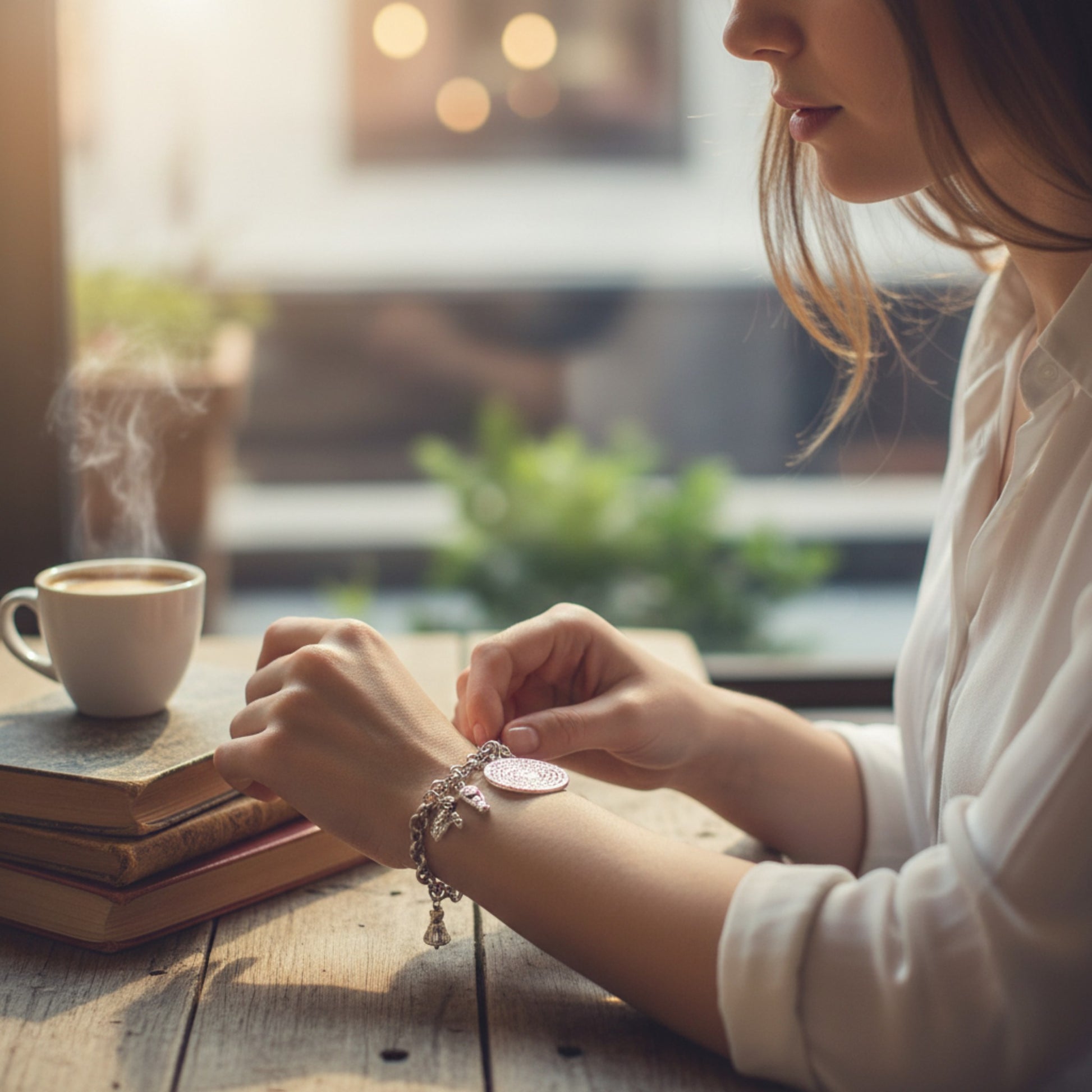 Pulsera con la oración del Padre Nuestro y motivos de Semana Santa Cristiana, de la marca almeriense Maldita Rita, modelo con la pulsera.