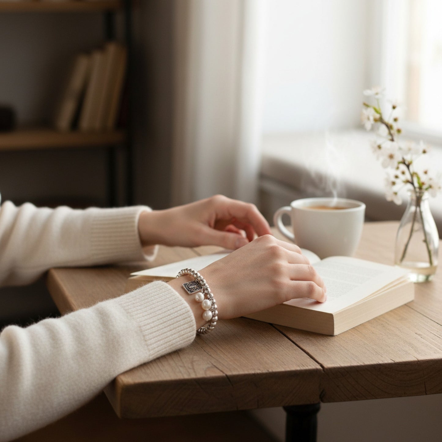 Pulsera con cuentas en plata, medalla de San Benito y perlas blancas naturales, de la marca de joyas de Almería Maldita Rita, en modelo con libro.